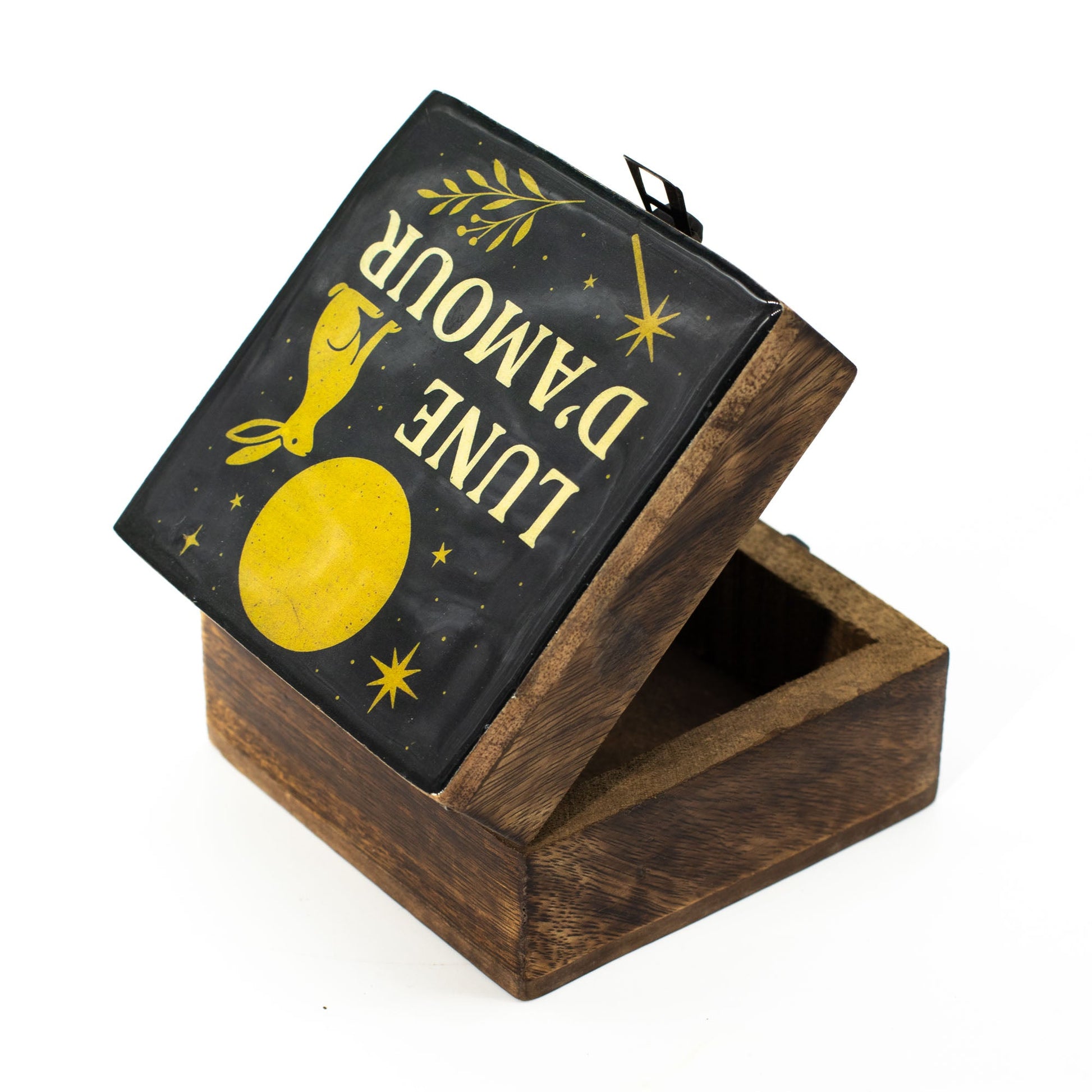 Hand Crafted Enamelled Wooden Box - Small / Square / Lune D'Amore product packaging on clean background from Quintessential Holistic Health Ltd