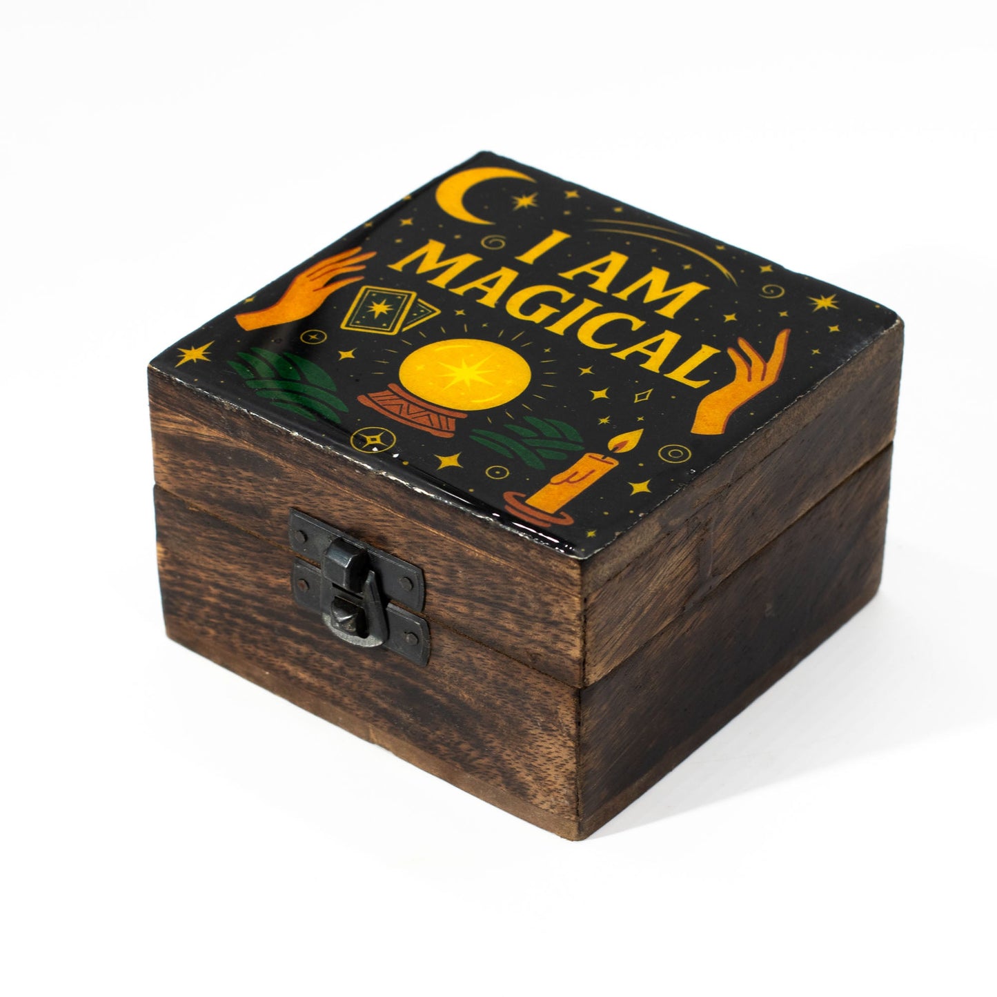 Hand Crafted Enamelled Wooden Box - Small / Square / I am Magical product packaging on clean background from Quintessential Holistic Health Ltd