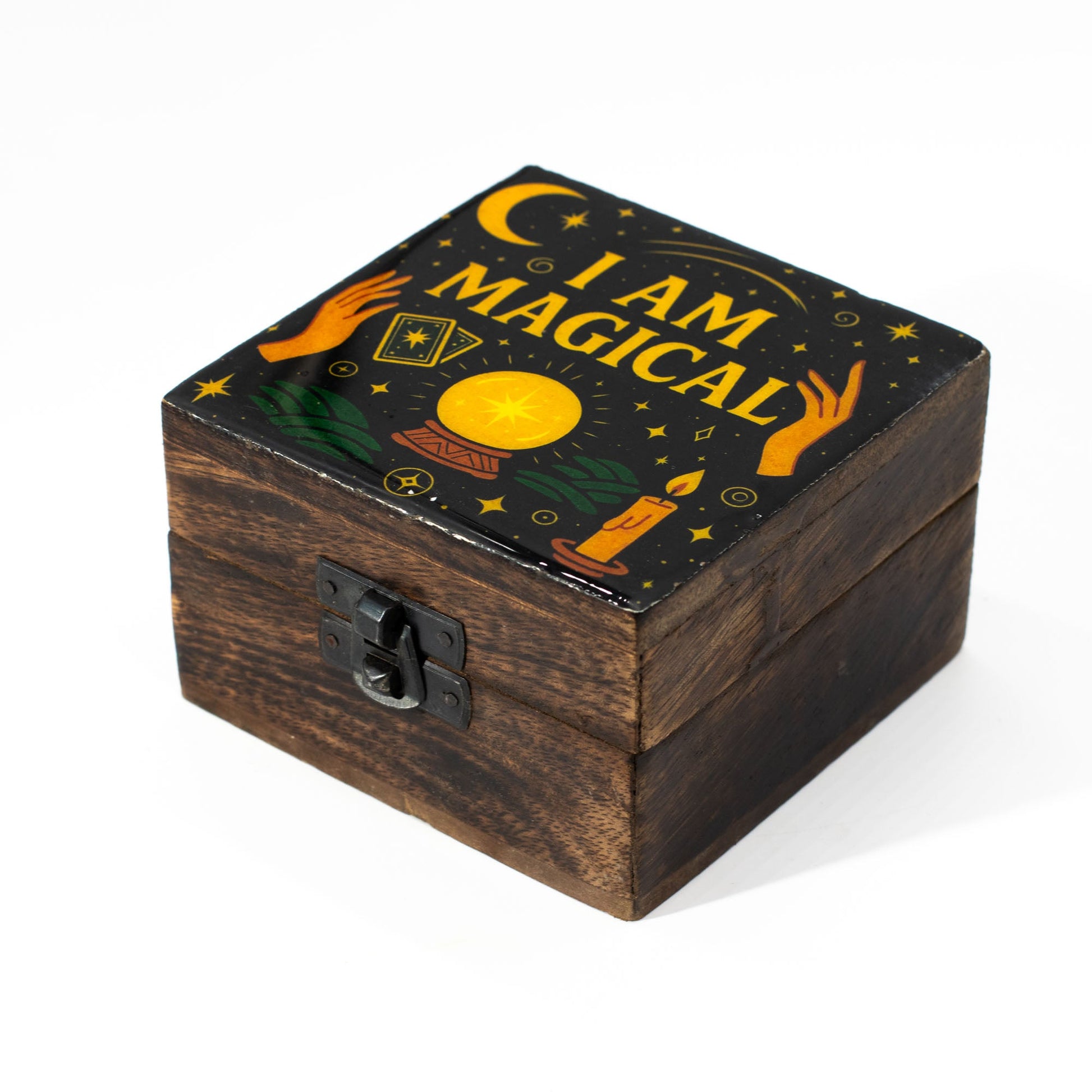 Hand Crafted Enamelled Wooden Box - Small / Square / I am Magical product packaging on clean background from Quintessential Holistic Health Ltd