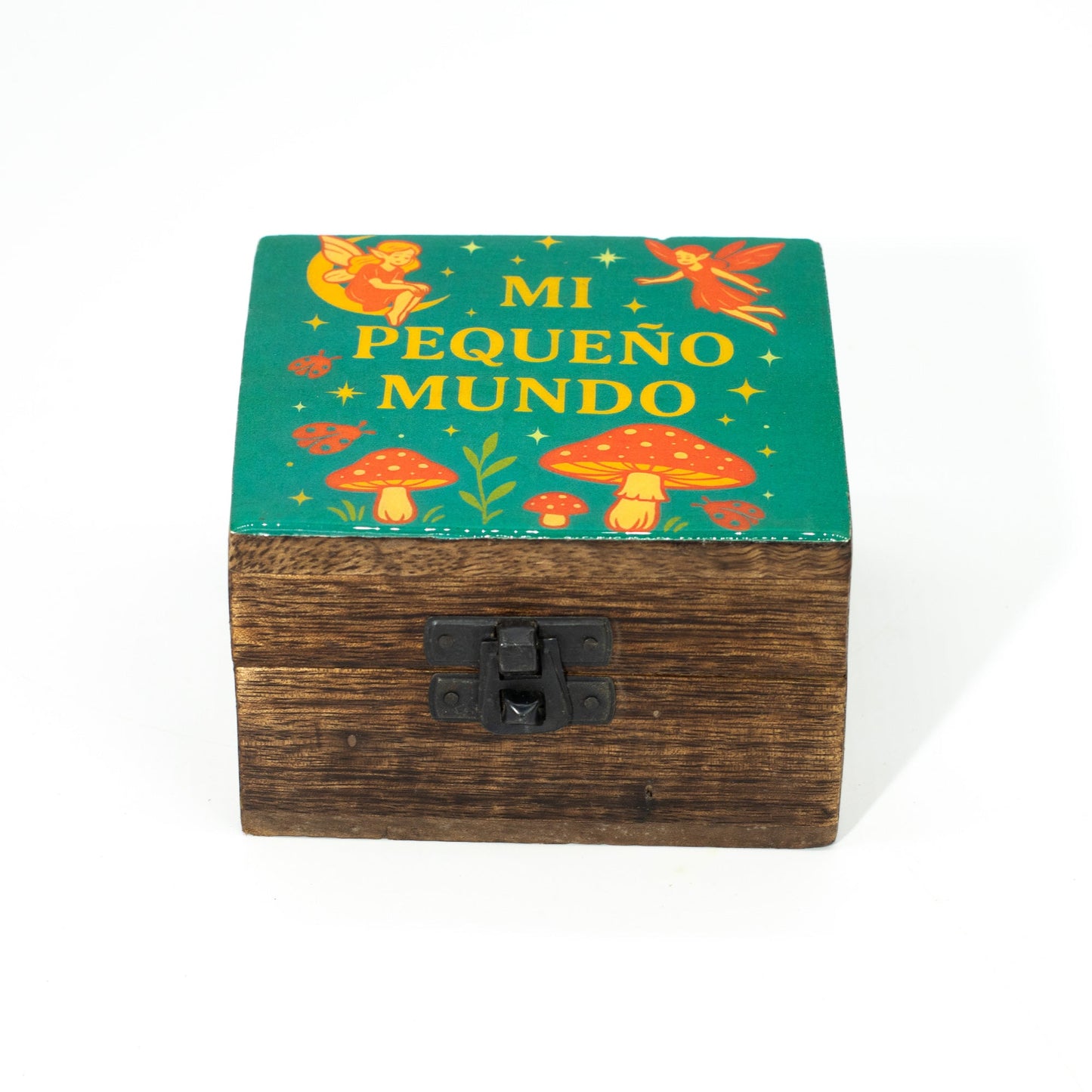 Hand Crafted Enamelled Wooden Box - Small / Square / Mi Pequeno Mundo product packaging on clean background from Quintessential Holistic Health Ltd