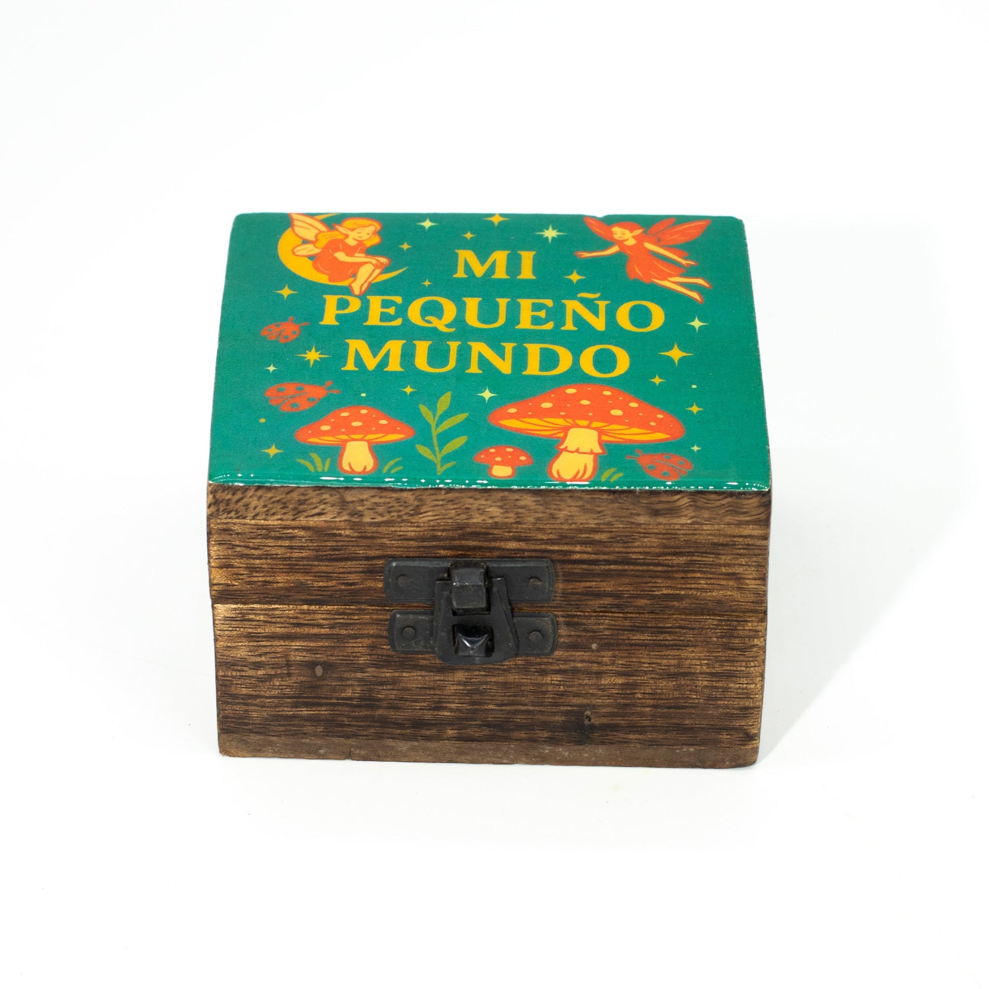 Hand Crafted Enamelled Wooden Box - Small / Square / Mi Pequeno Mundo product packaging on clean background from Quintessential Holistic Health Ltd