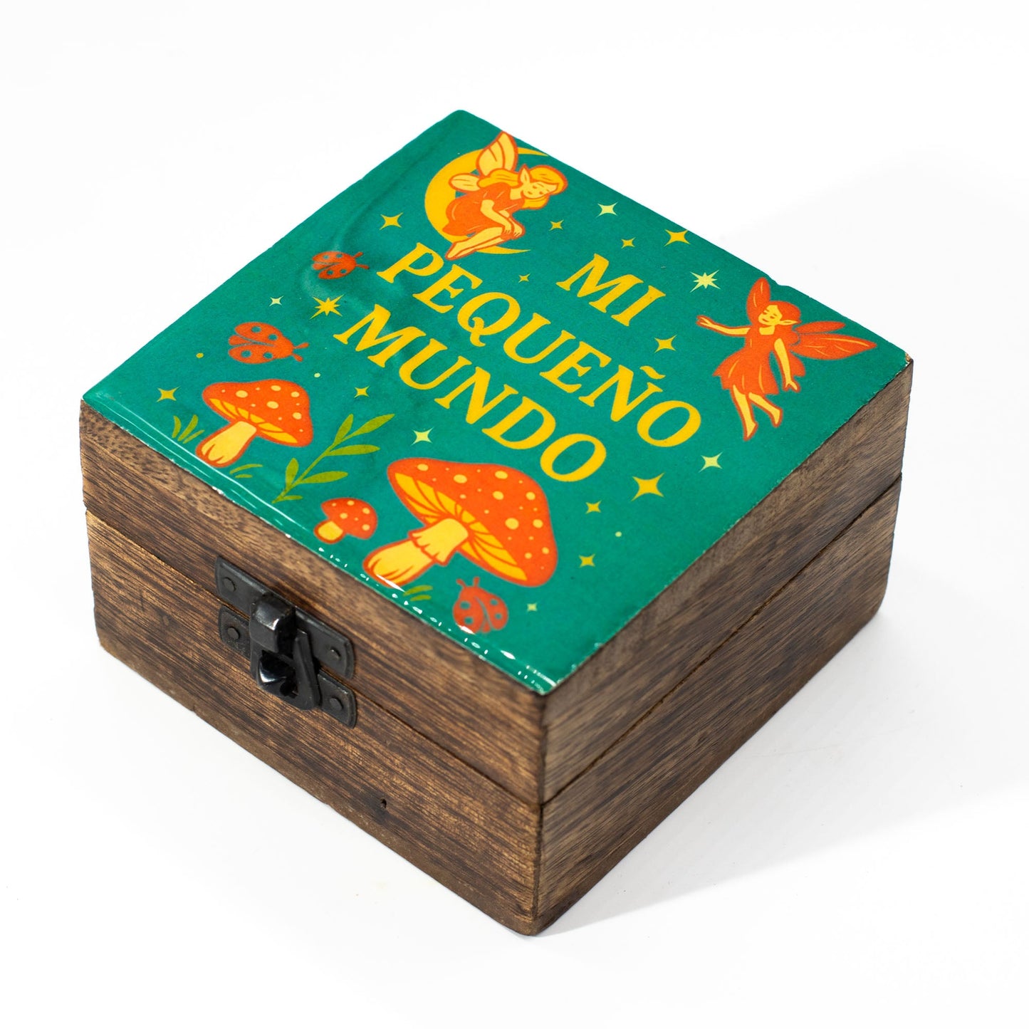 Hand Crafted Enamelled Wooden Box - Small / Square / Mi Pequeno Mundo product packaging on clean background from Quintessential Holistic Health Ltd