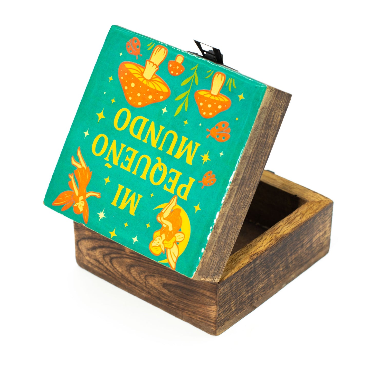 Hand Crafted Enamelled Wooden Box - Small / Square / Mi Pequeno Mundo product packaging on clean background from Quintessential Holistic Health Ltd