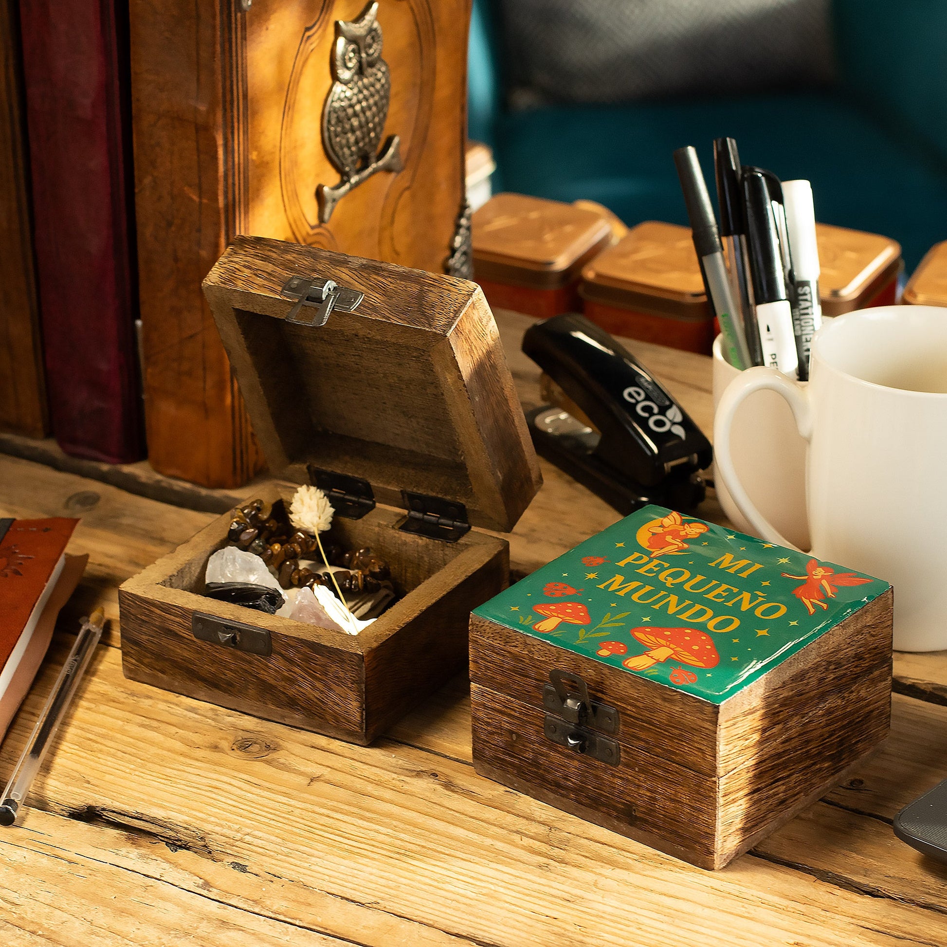 Hand Crafted Enamelled Wooden Box - Small / Square / Mi Pequeno Mundo product packaging on clean background from Quintessential Holistic Health Ltd