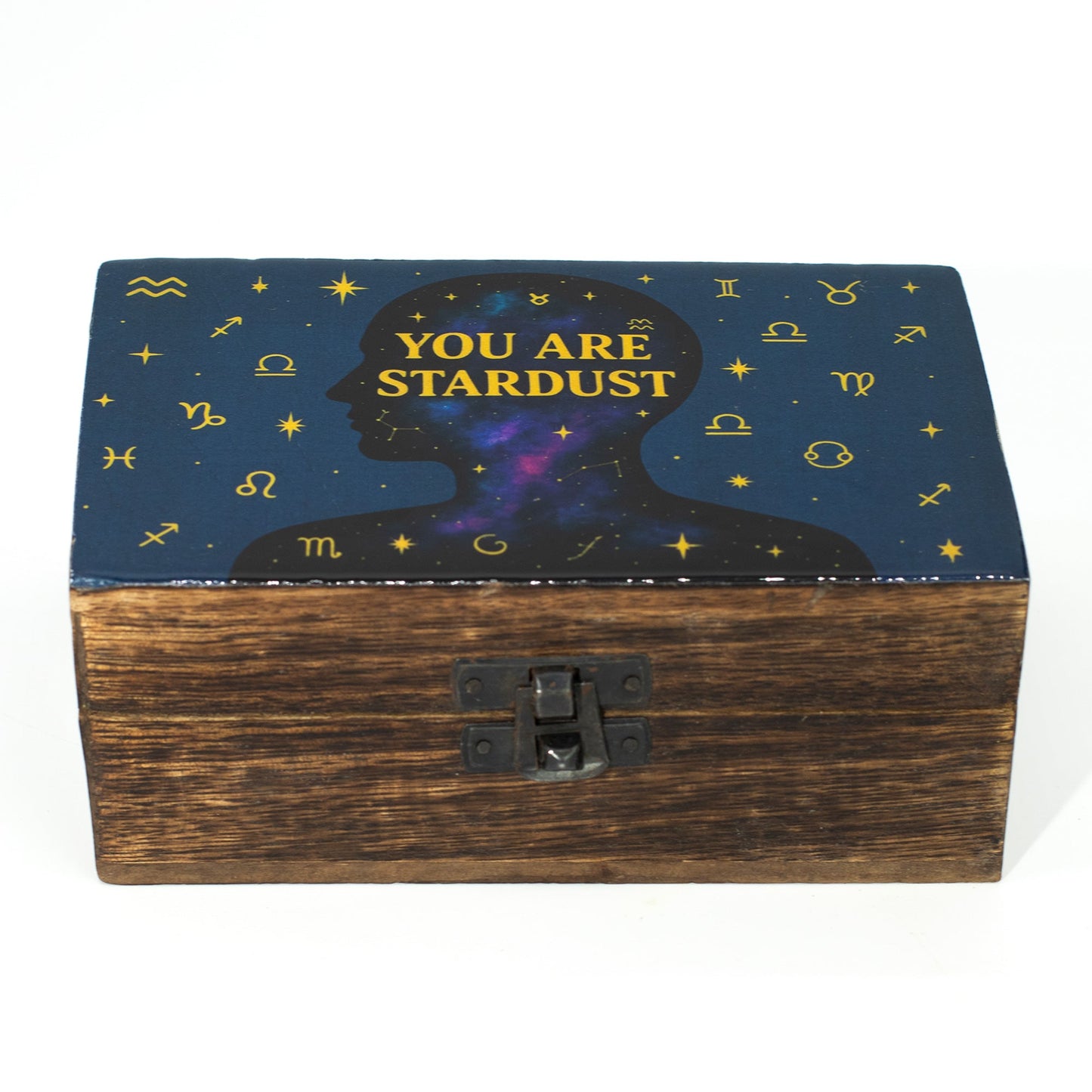 Enamelled Mango Wood Box - Medium Rectangular - You Are Stardust, closed with stars, zodiac symbols and a blue celestial lid by Quintessential Holistic Health Ltd