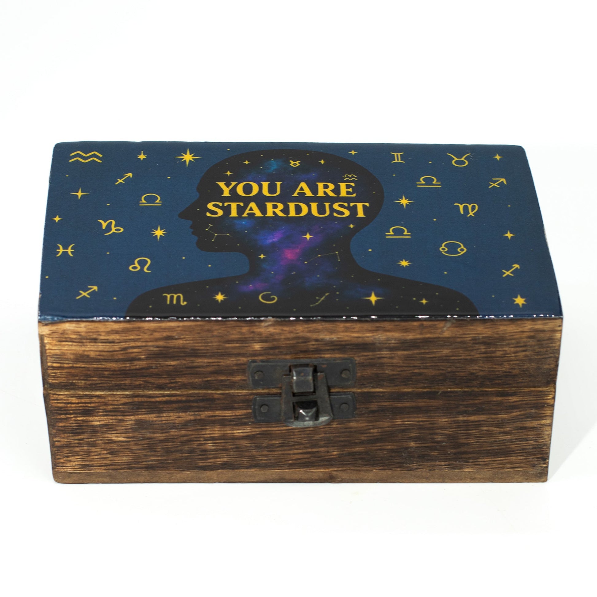 Enamelled Mango Wood Box - Medium Rectangular - You Are Stardust, closed with stars, zodiac symbols and a blue celestial lid by Quintessential Holistic Health Ltd