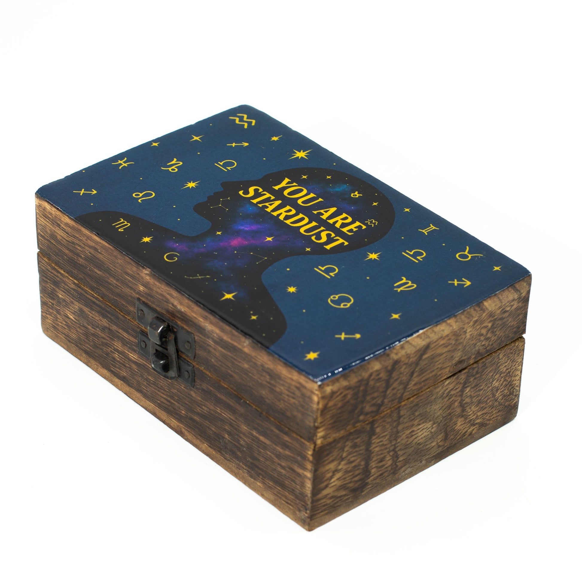 Enamelled Mango Wood Box - Medium Rectangular - You Are Stardust, closed with a starry blue lid and front clasp visible by Quintessential Holistic Health Ltd