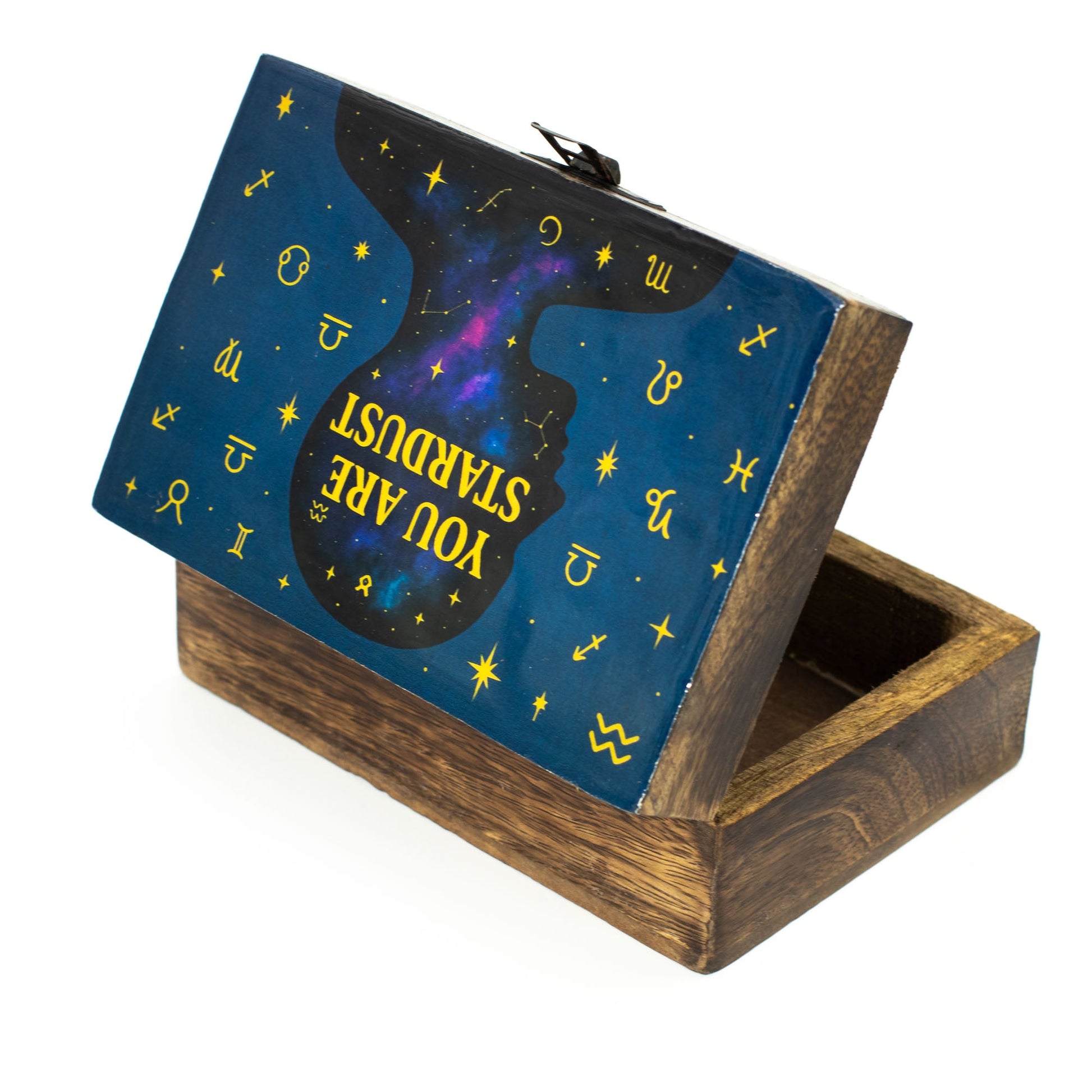 Enamelled Mango Wood Box - Medium Rectangular - You Are Stardust, partly open with stars and zodiac symbols on the blue lid by Quintessential Holistic Health Ltd