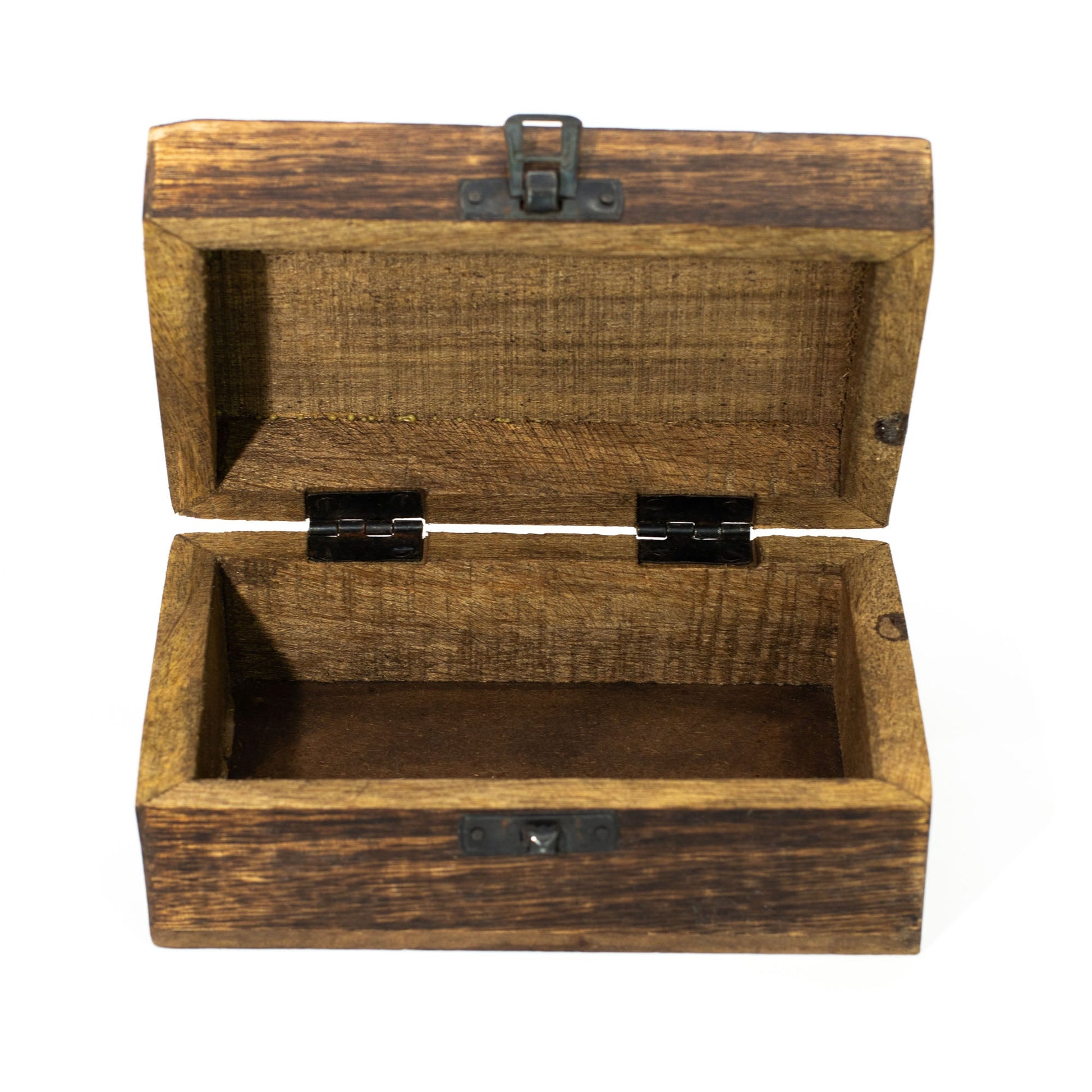 Enamelled Mango Wood Box - Medium Rectangular - You Are Stardust, open with an empty brown interior and raised plain lid by Quintessential Holistic Health Ltd