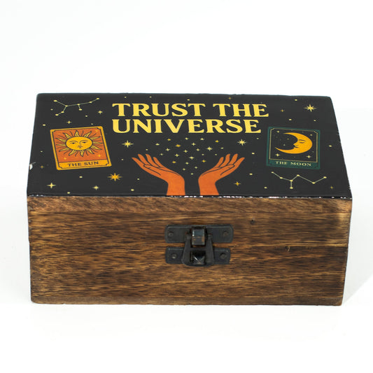 Handcrafted Enamelled Wooden Box - Medium - Rectangular - Trust the Universe - main product image from Quintessential Holistic Health Ltd UK