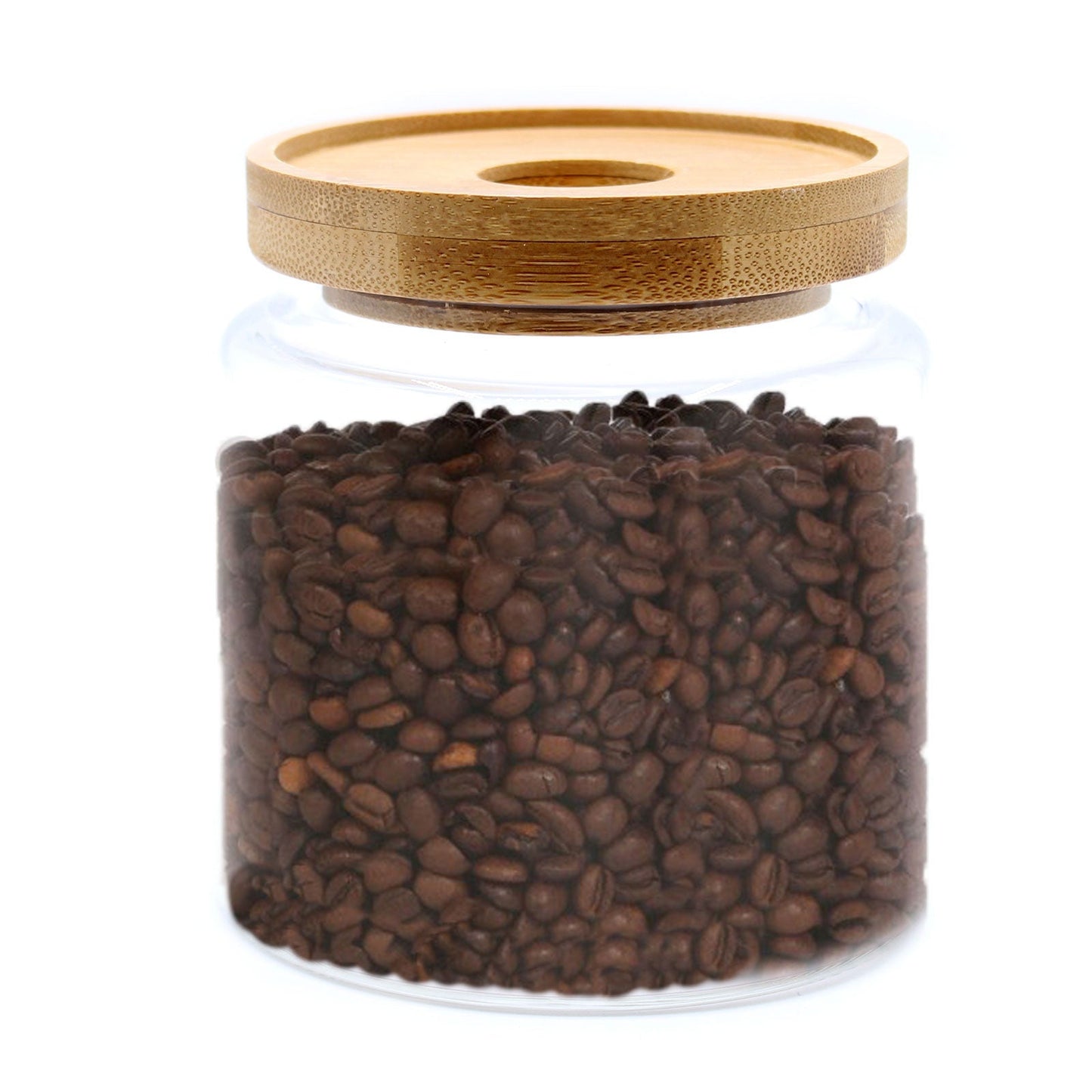 Cottage Bamboo Glass Jar with Bamboo Lid - 10cm, clear jar filled with dark brown pieces by Quintessential Holistic Health Ltd
