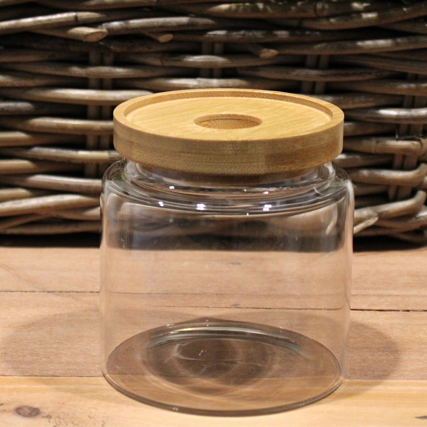 Cottage Bamboo Glass Jar with Bamboo Lid - 10cm, empty clear jar with its lid in place by Quintessential Holistic Health Ltd
