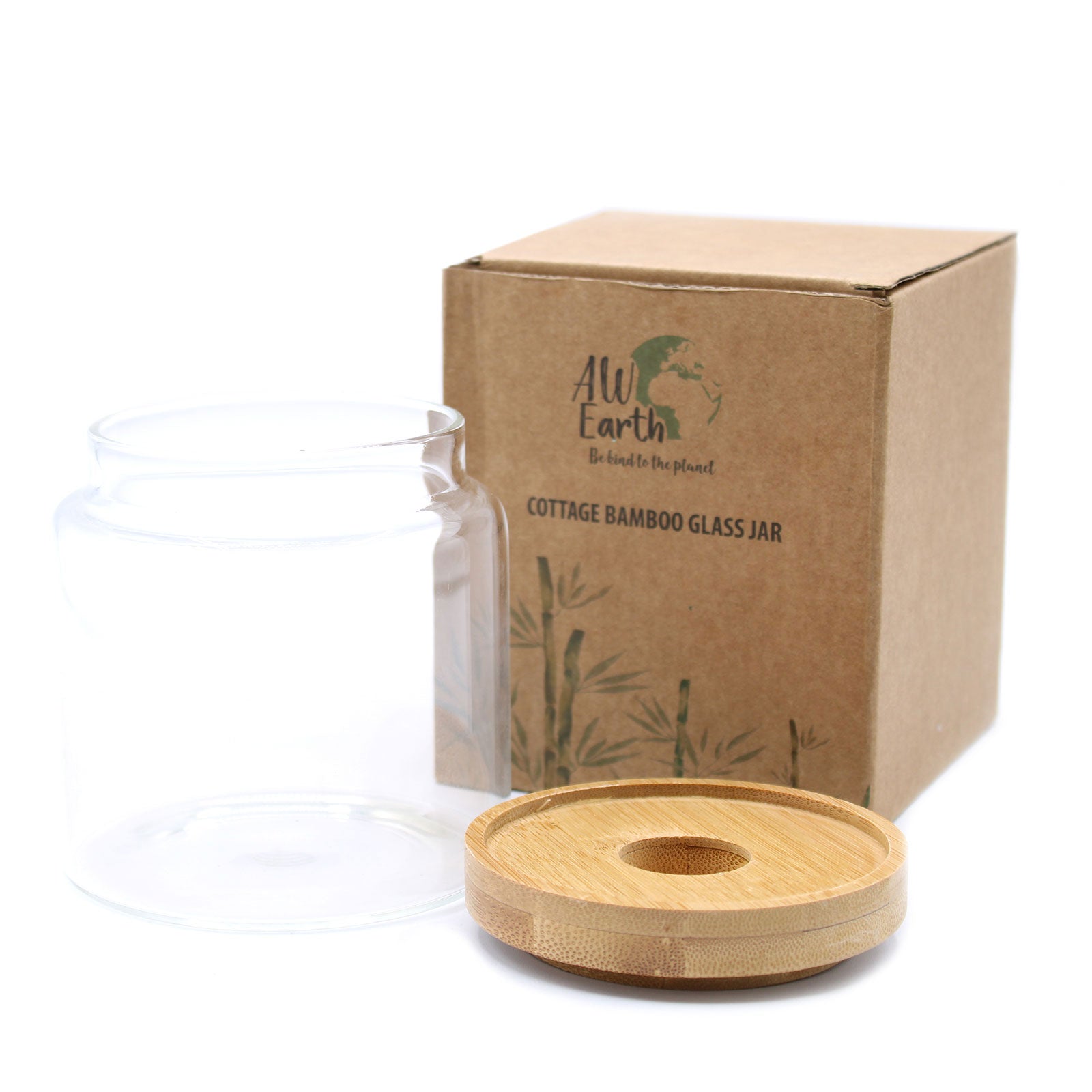 Cottage Bamboo Glass Jar with Bamboo Lid - 10cm, empty clear jar with detached lid and brown presentation box by Quintessential Holistic Health Ltd