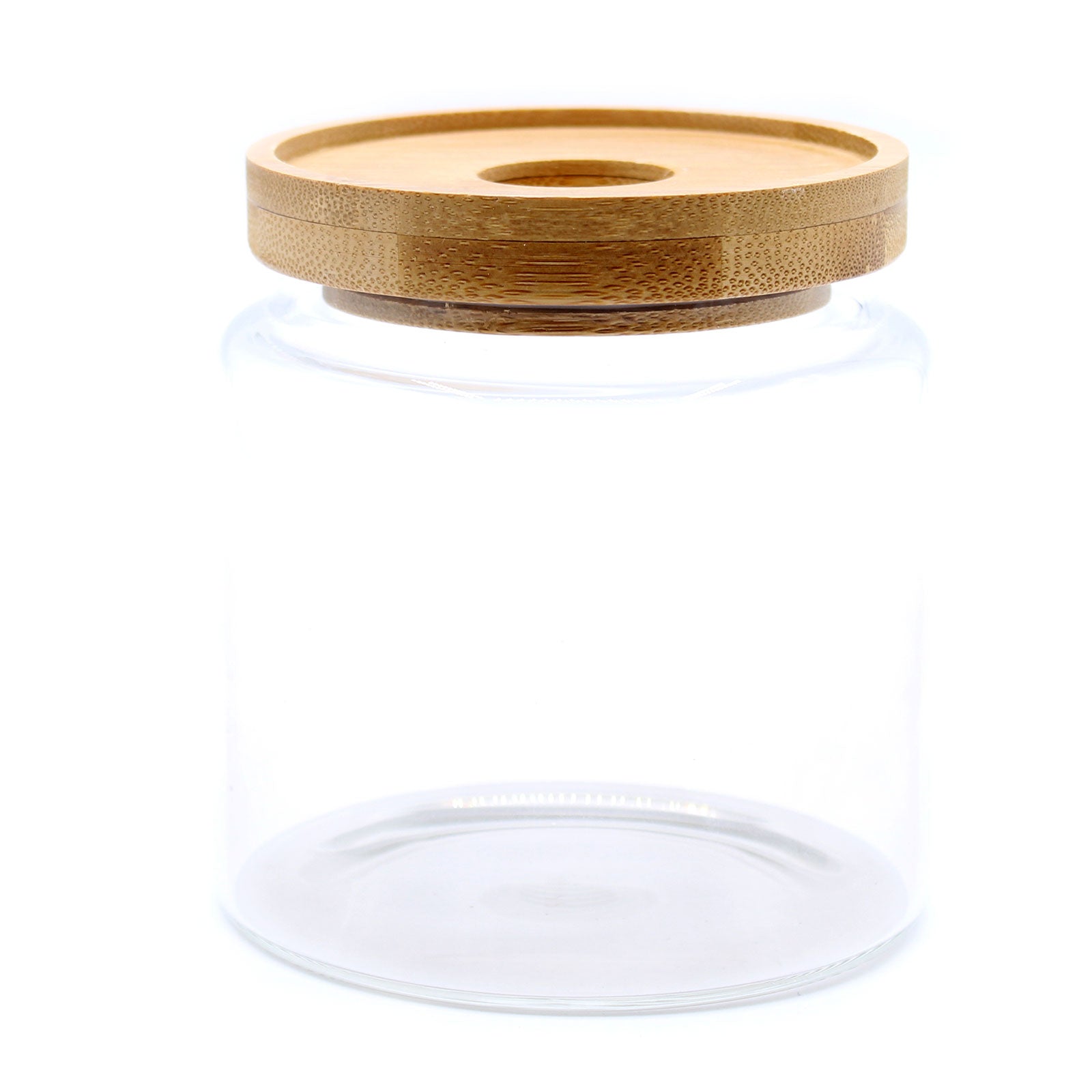 Cottage Bamboo Glass Jar with Bamboo Lid - 10cm, empty wide clear jar with a round lid by Quintessential Holistic Health Ltd