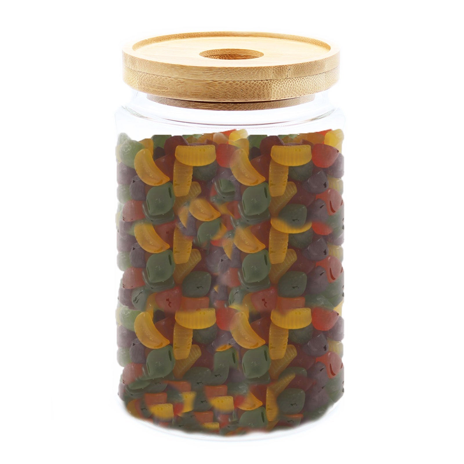 Cottage Bamboo Glass Jar with Bamboo Lid - 15cm, clear cylindrical jar filled with colourful pieces by Quintessential Holistic Health Ltd