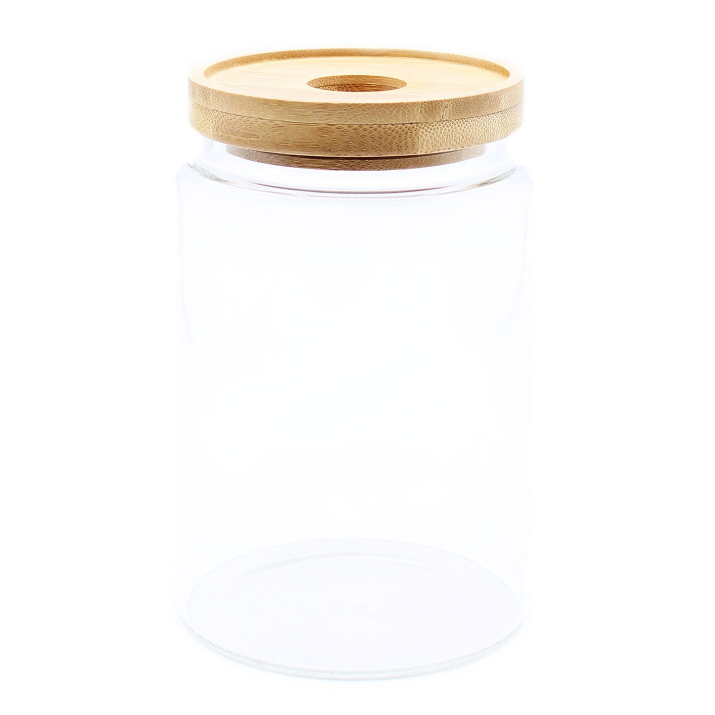 Cottage Bamboo Glass Jar with Bamboo Lid - 15cm, empty clear cylindrical jar with a round lid by Quintessential Holistic Health Ltd