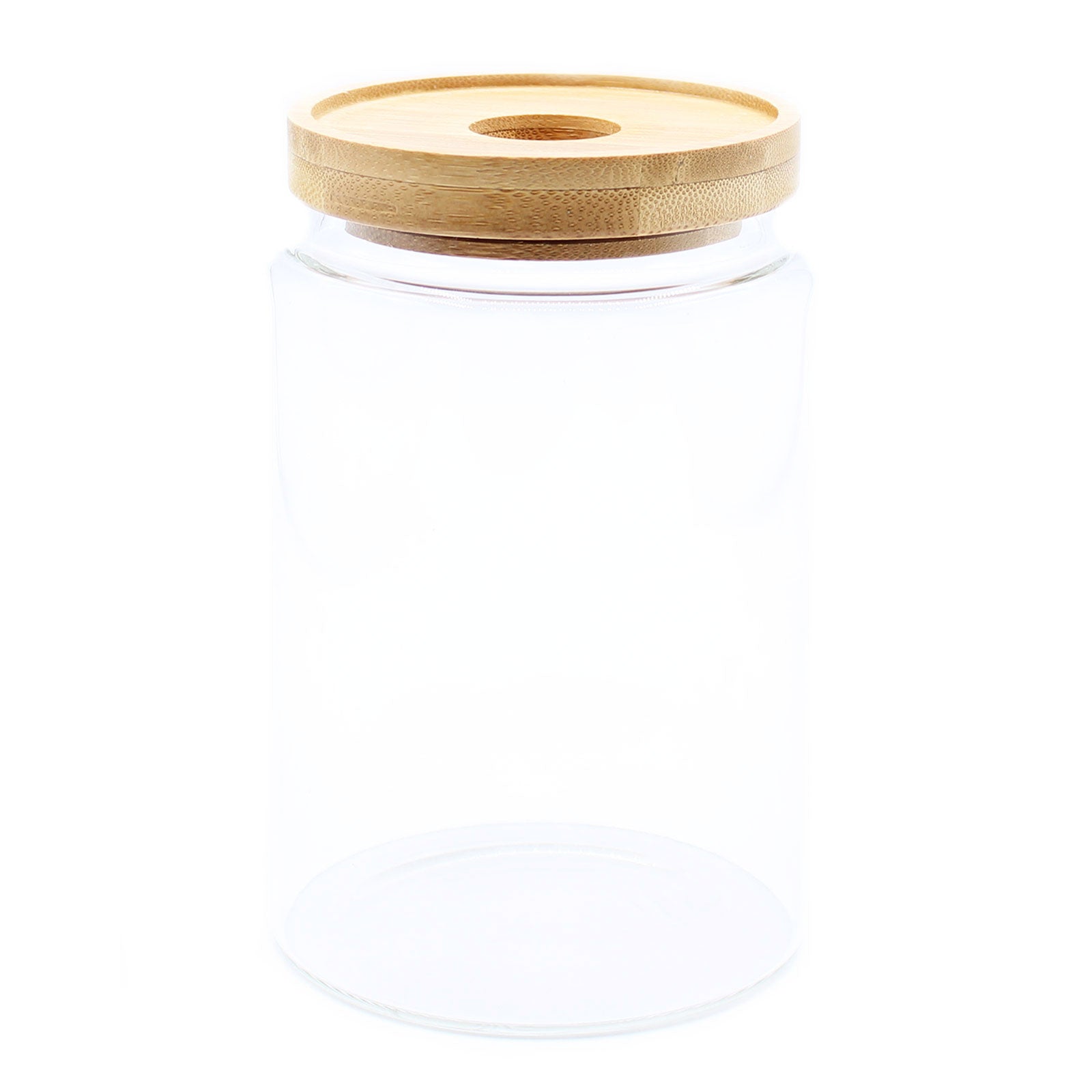Cottage Bamboo Glass Jar with Bamboo Lid - 15cm, empty clear cylindrical jar with a round lid by Quintessential Holistic Health Ltd