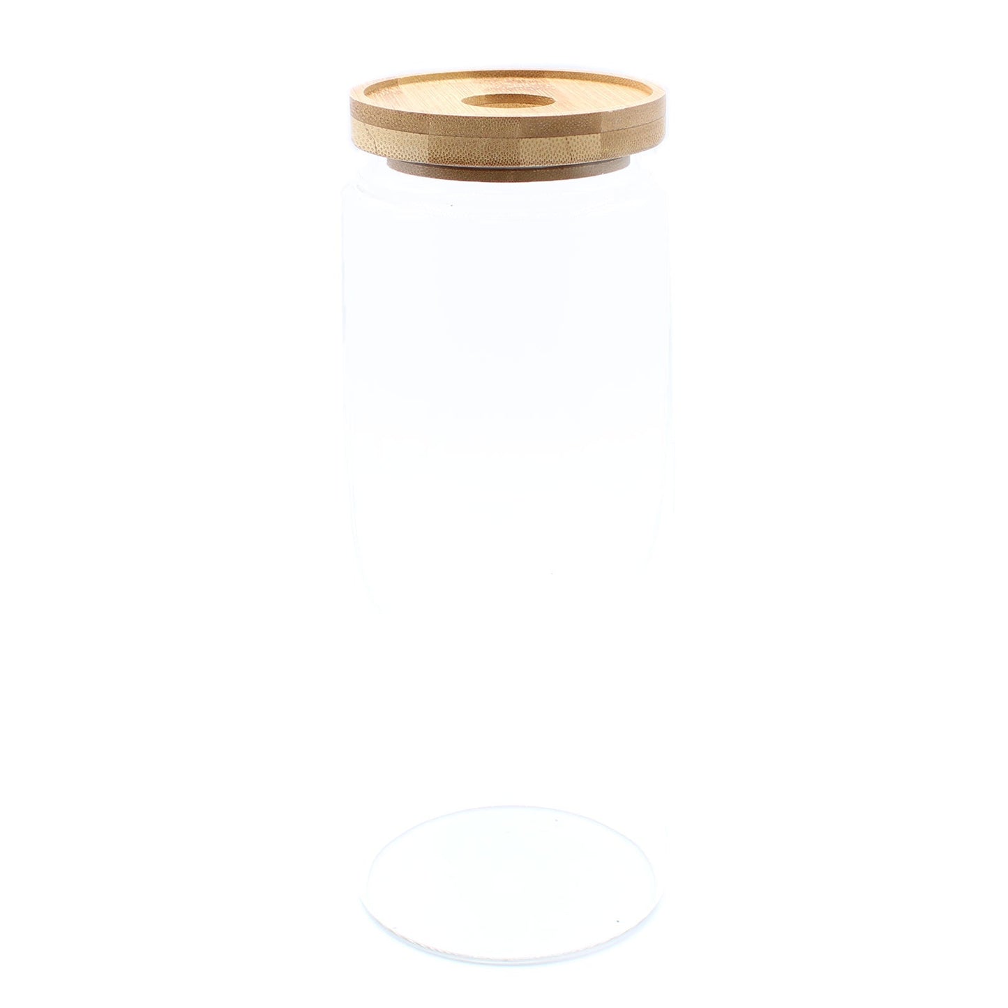 Cottage Bamboo Glass Jar with Bamboo Lid - 20 cm, empty clear cylindrical jar with a round wooden-look lid by Quintessential Holistic Health Ltd