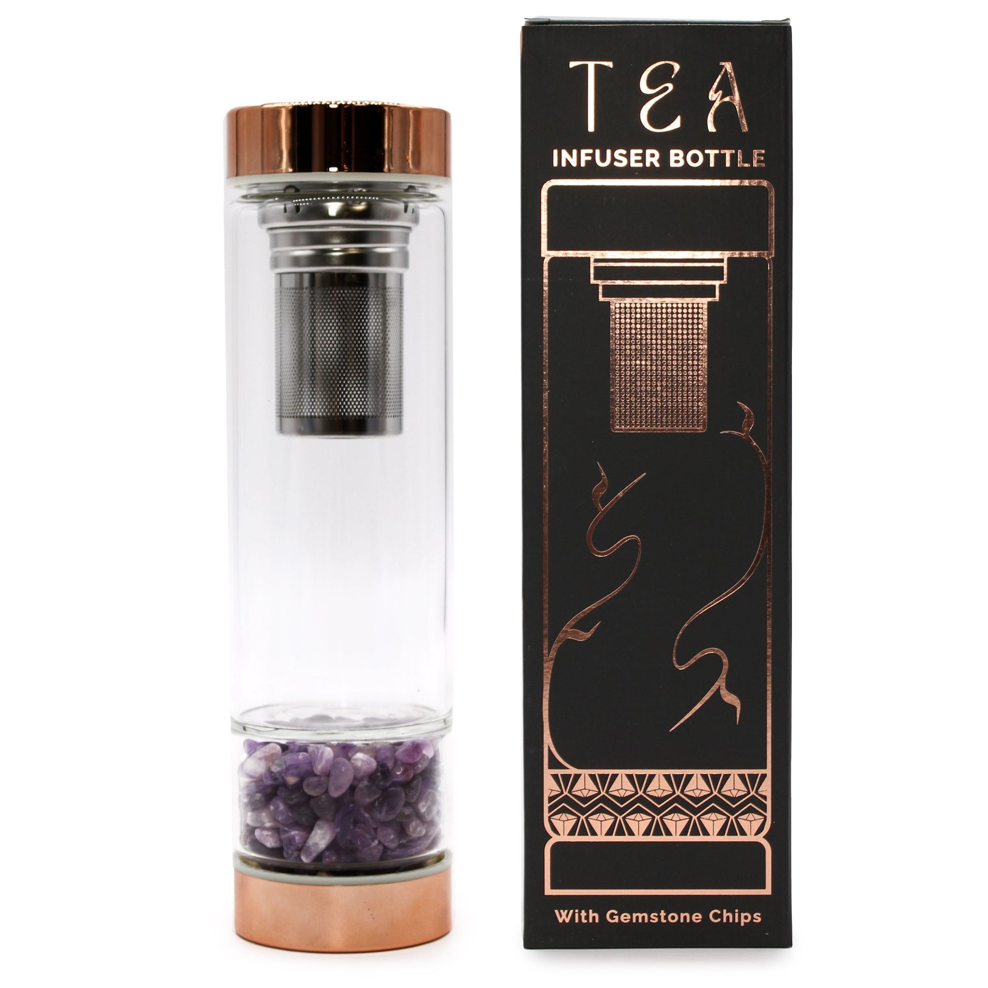 500ml Rose Gold and Crystal Glass Tea Infuser Bottle with Amethyst Gemstones product packaging on clean background from Quintessential Holistic Health Ltd