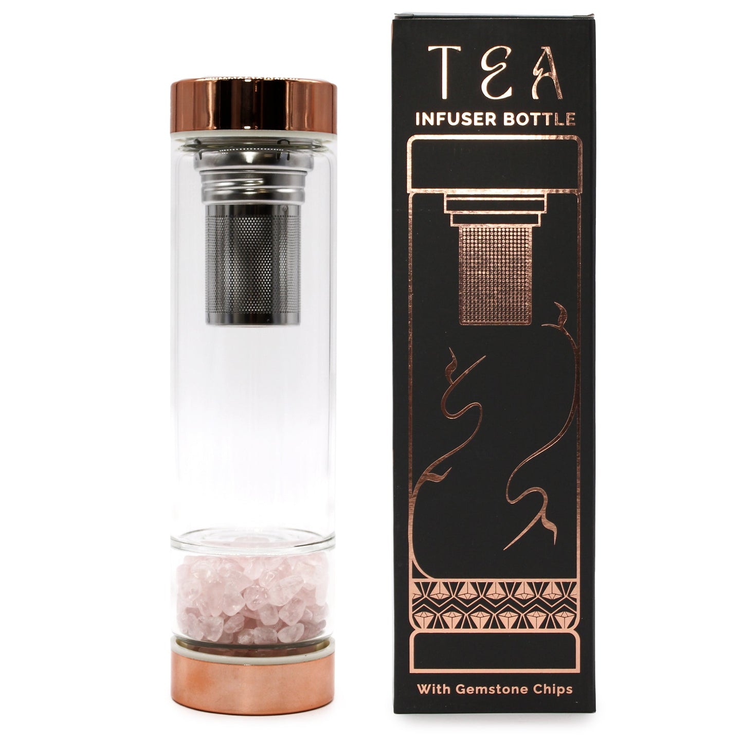 Rose Gold and Crystal Glass Tea Infuser Bottle with Rose - 500ml upright beside a black box, with pink stones in its base by Quintessential Holistic Health Ltd
