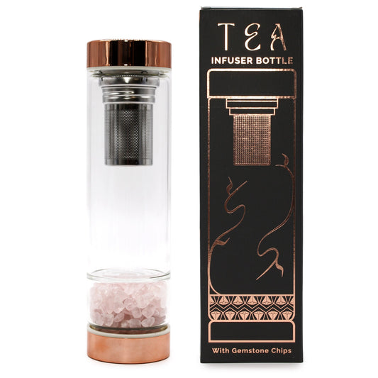 Rose Gold and Crystal Glass Tea Infuser Bottle with Rose Quartz Gemstones - 500ml - main product image from Quintessential Holistic Health Ltd UK