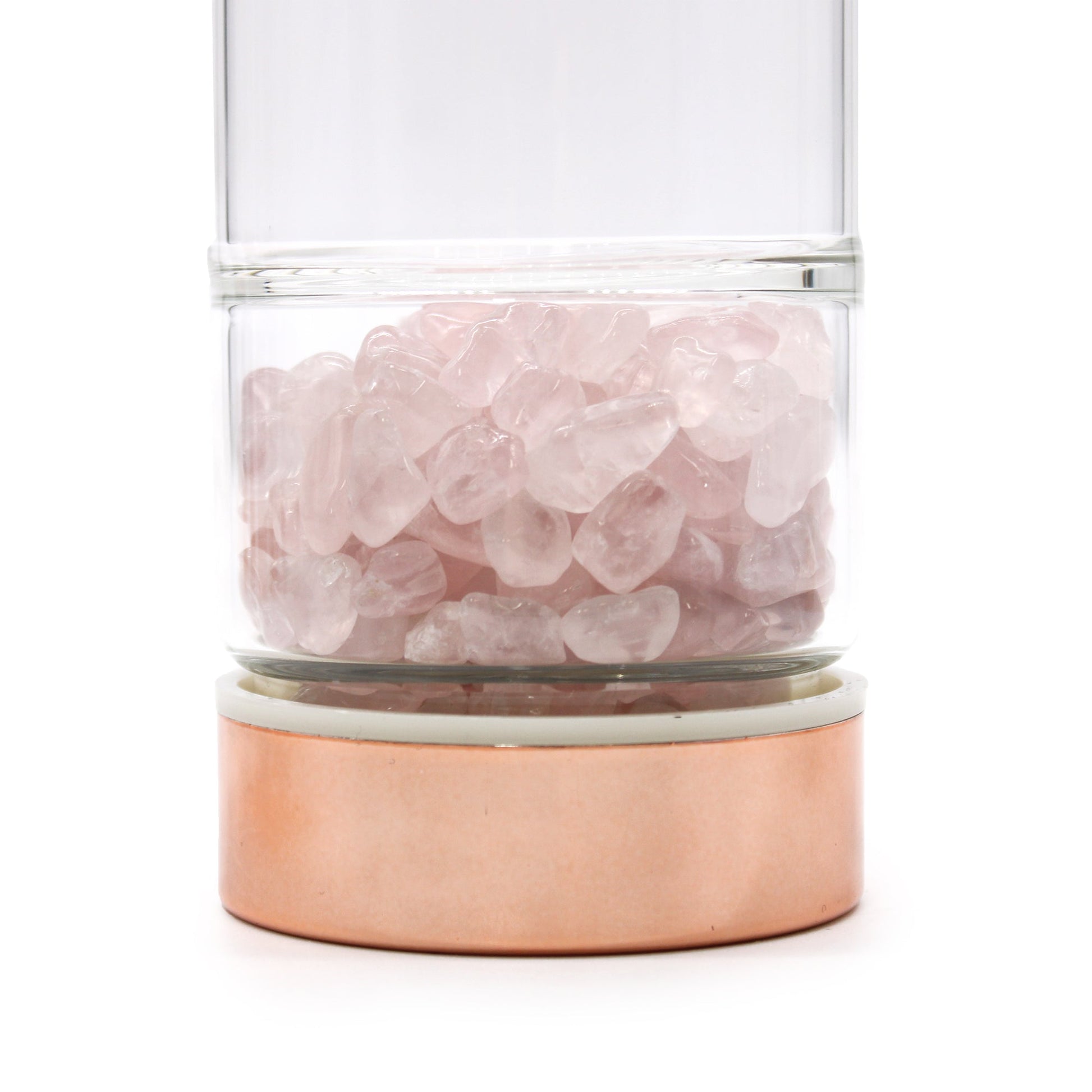 Rose Gold and Crystal Glass Tea Infuser Bottle with Rose - 500ml close-up of pink stones above the rose-gold base by Quintessential Holistic Health Ltd