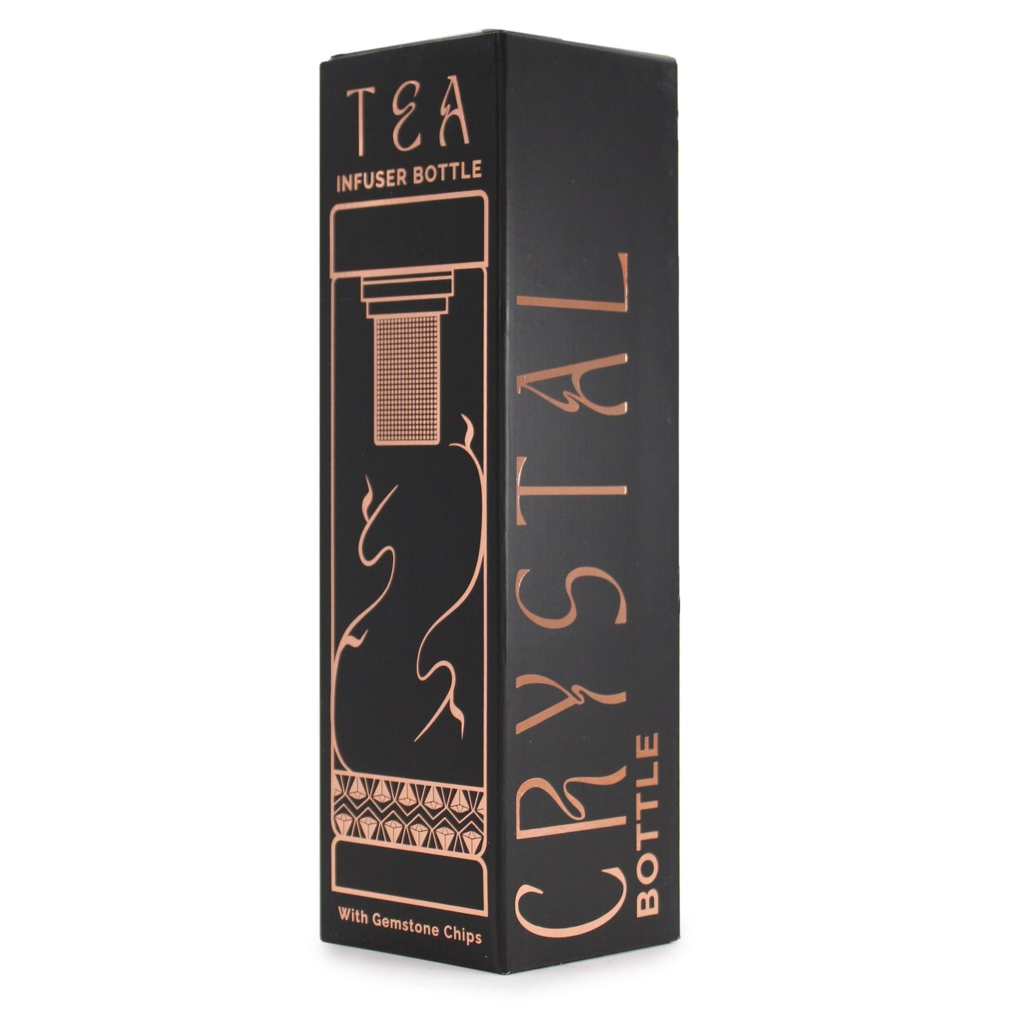 500ml Rose Gold and Crystal Glass Tea Infuser Bottle with Rock Quartz Gemstones product packaging on clean background from Quintessential Holistic Health Ltd