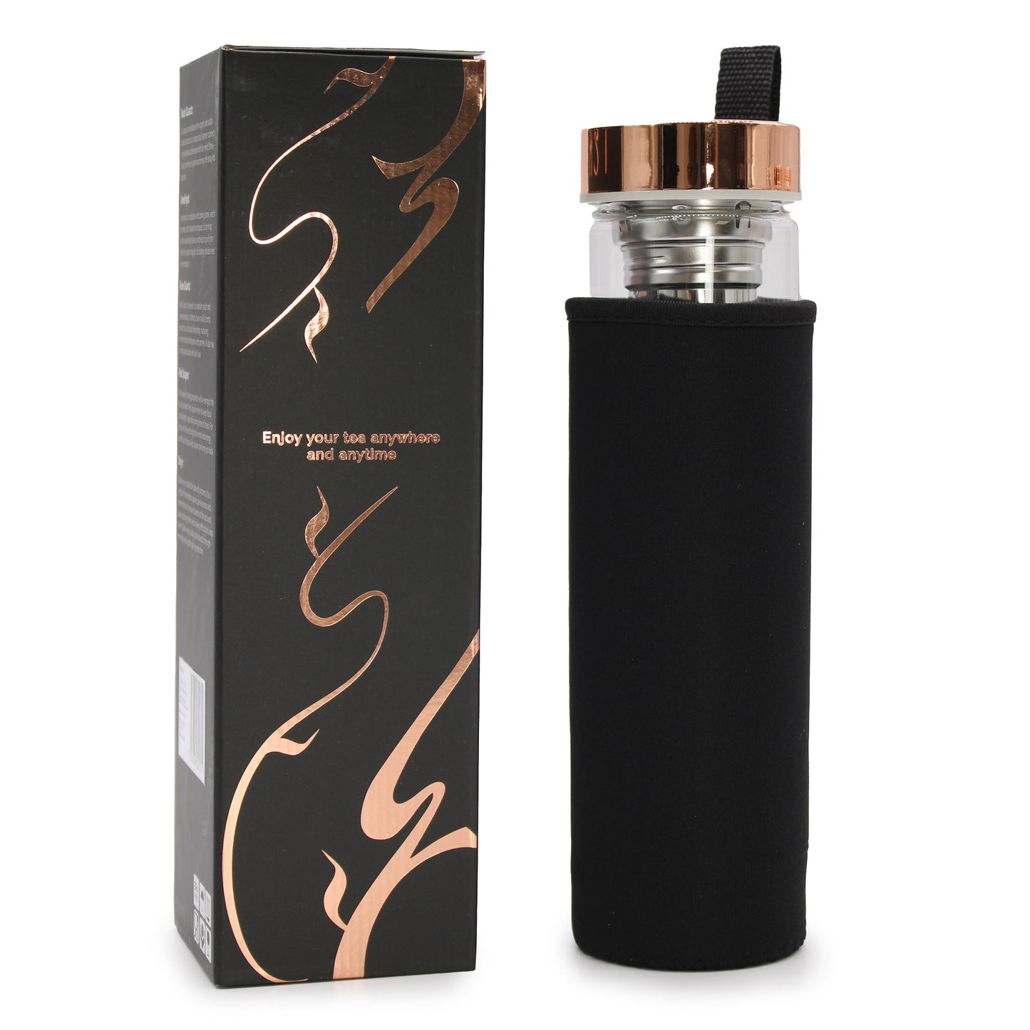 Rose Gold and Crystal Glass Tea Infuser Bottle with Rock - 500ml in a black sleeve beside a slim black box by Quintessential Holistic Health Ltd