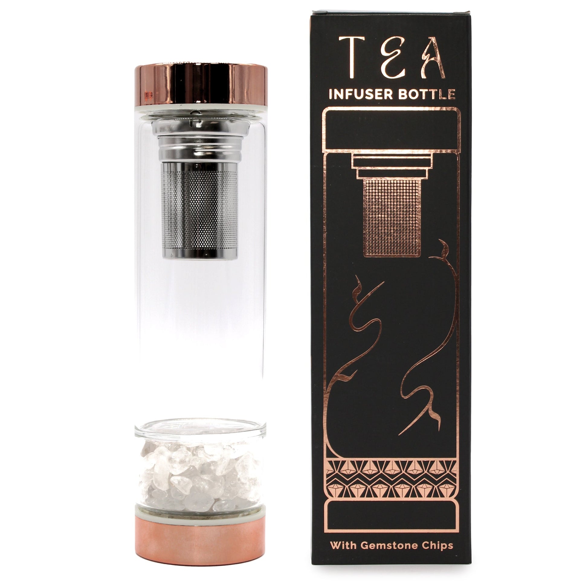Rose Gold and Crystal Glass Tea Infuser Bottle with Rock - 500ml upright beside a black box, with clear stones in its base by Quintessential Holistic Health Ltd