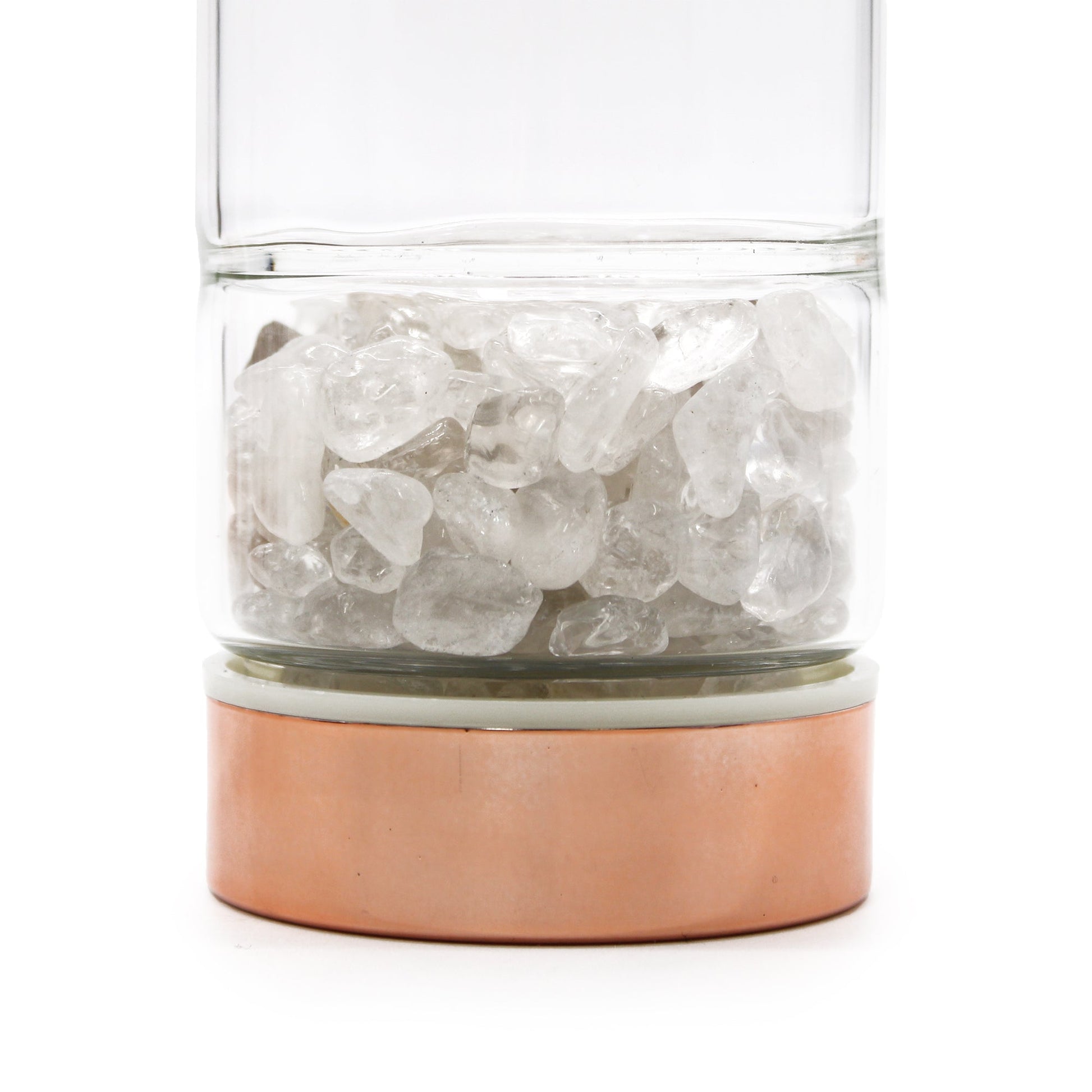 Rose Gold and Crystal Glass Tea Infuser Bottle with Rock - 500ml close-up of clear stones above the rose-gold base by Quintessential Holistic Health Ltd