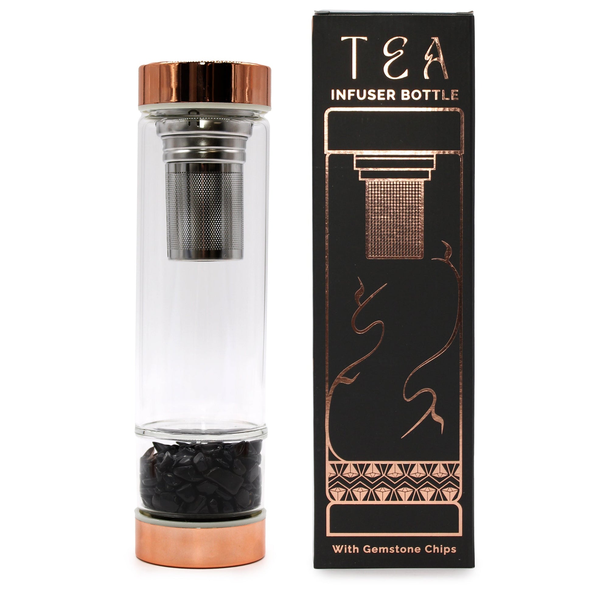 Rose Gold Crystal Glass Tea Infuser Bottle - Onyx - 500ml, clear bottle with black stones beside a tall black box by Quintessential Holistic Health Ltd