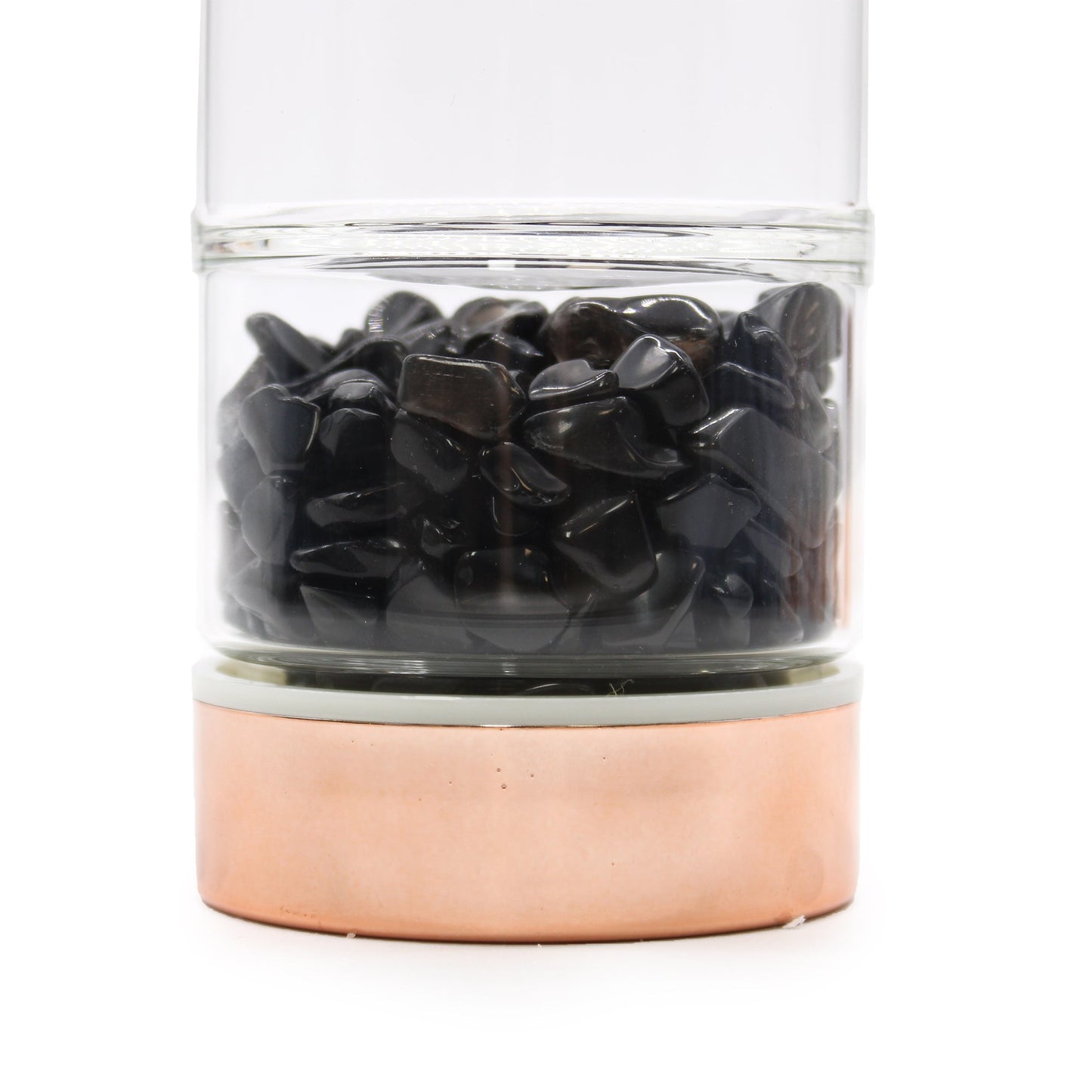 Rose Gold Crystal Glass Tea Infuser Bottle - Onyx - 500ml, close-up of glossy black stones in its clear base chamber by Quintessential Holistic Health Ltd