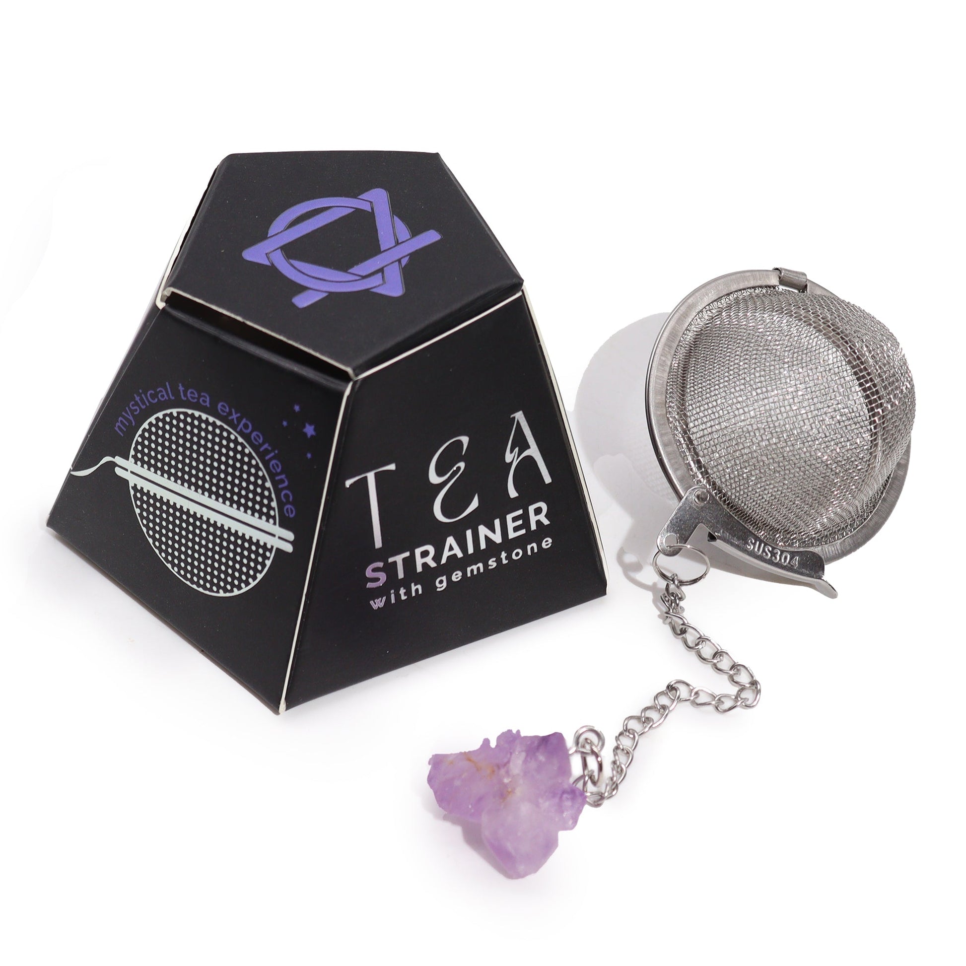 Amethyst Cluster Raw Gemstone Tea Strainer, Serenity & Calm with a closed mesh ball, chain, purple crystal and black box by Quintessential Holistic Health Ltd