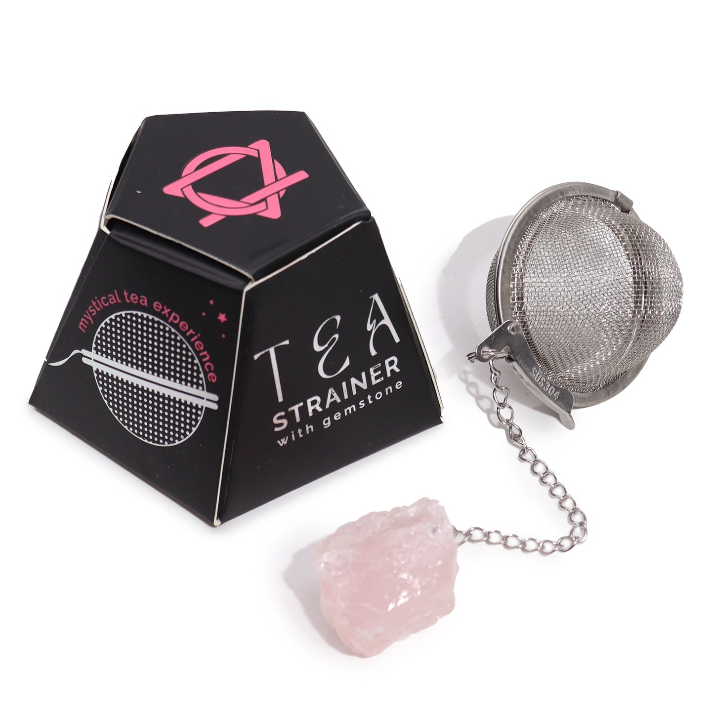 Raw Crystal Tea Strainer - Rose Quartz, Love with a mesh ball, chain, pale pink stone and black box by Quintessential Holistic Health Ltd