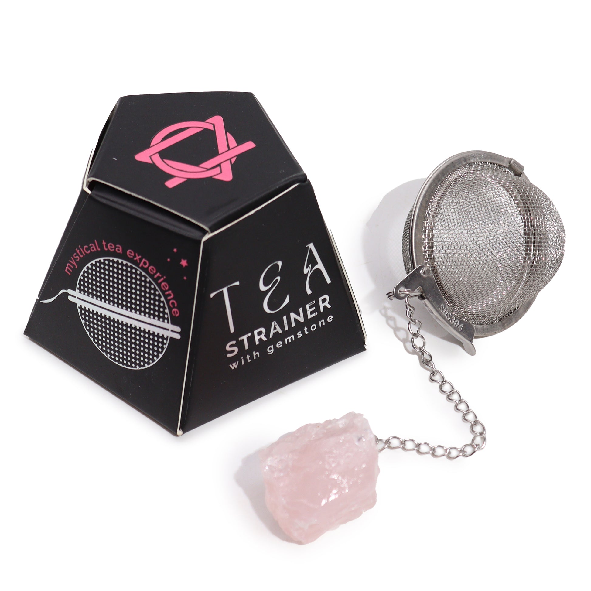 Raw Crystal Tea Strainer - Rose Quartz, Love with a mesh ball, chain, pale pink stone and black box by Quintessential Holistic Health Ltd