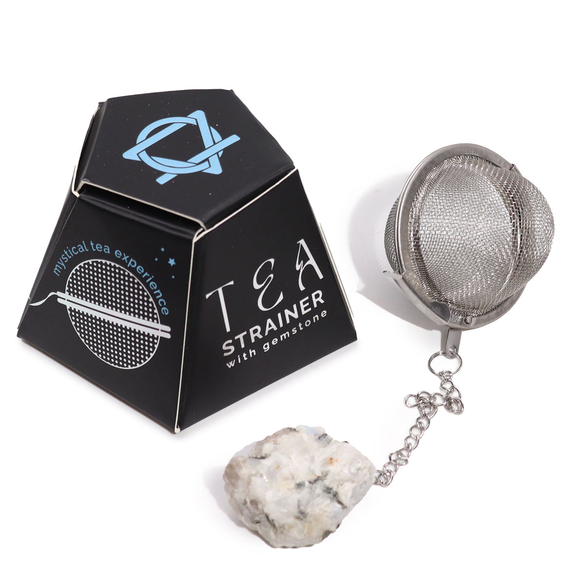 Raw Crystal Gemstone Tea Strainer – Rainbow Moonstone, Empowerment with a mesh ball, speckled white stone and black box by Quintessential Holistic Health Ltd