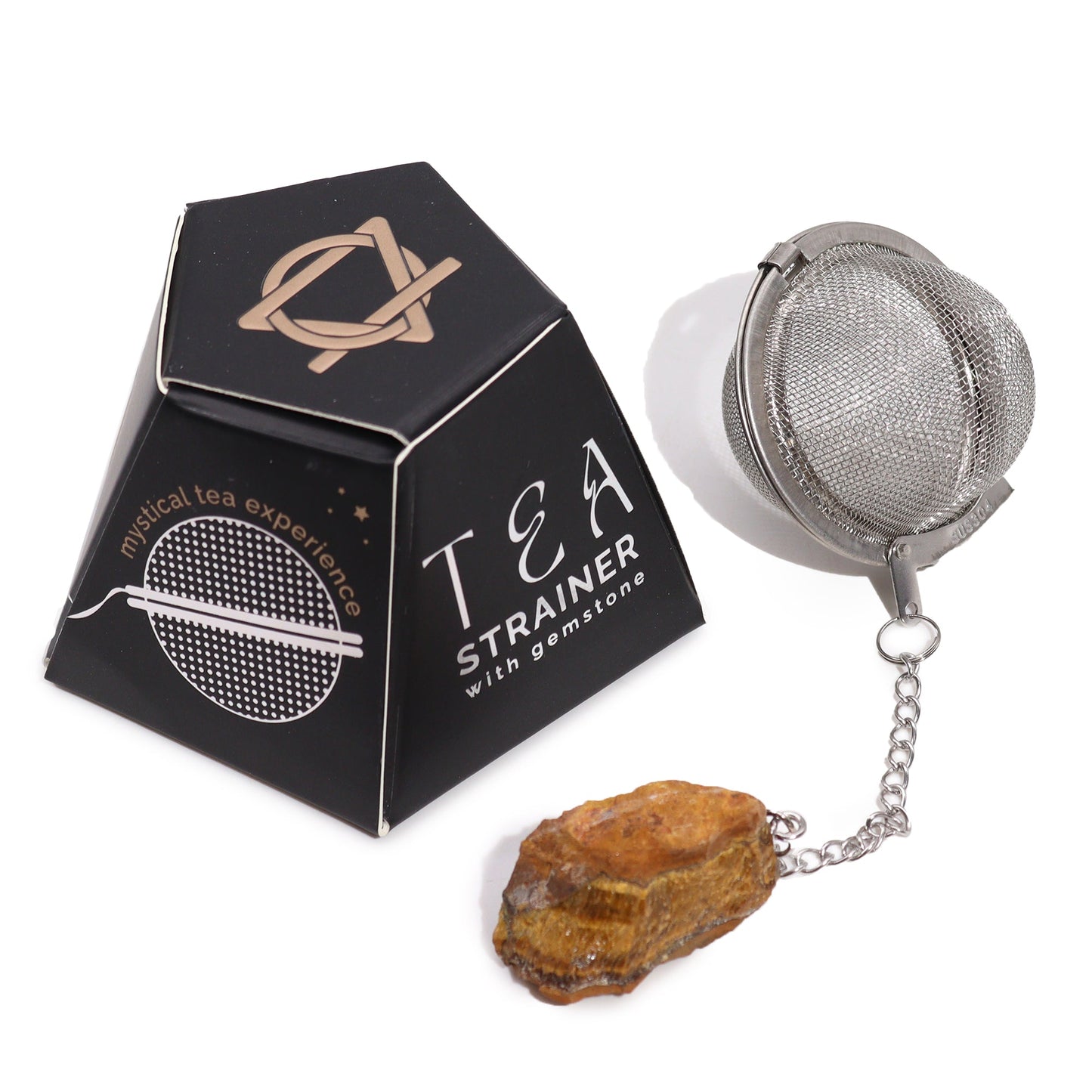 Raw Crystal Gemstone Tea Strainer with Gold Tigers Eye for ENERGY product packaging on clean background from Quintessential Holistic Health Ltd