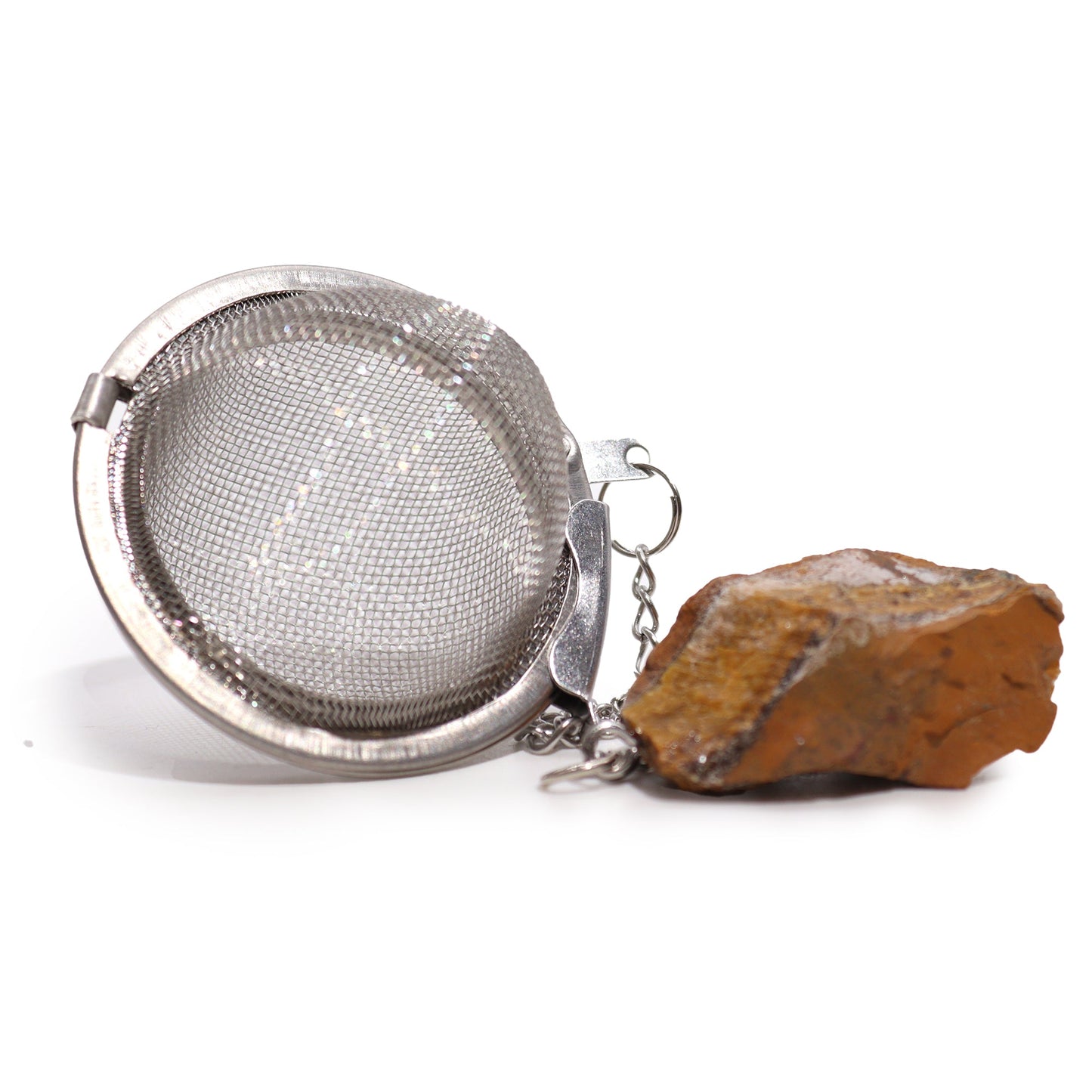 Raw Crystal Gemstone Tea Strainer with Gold Tigers Eye for ENERGY product packaging on clean background from Quintessential Holistic Health Ltd