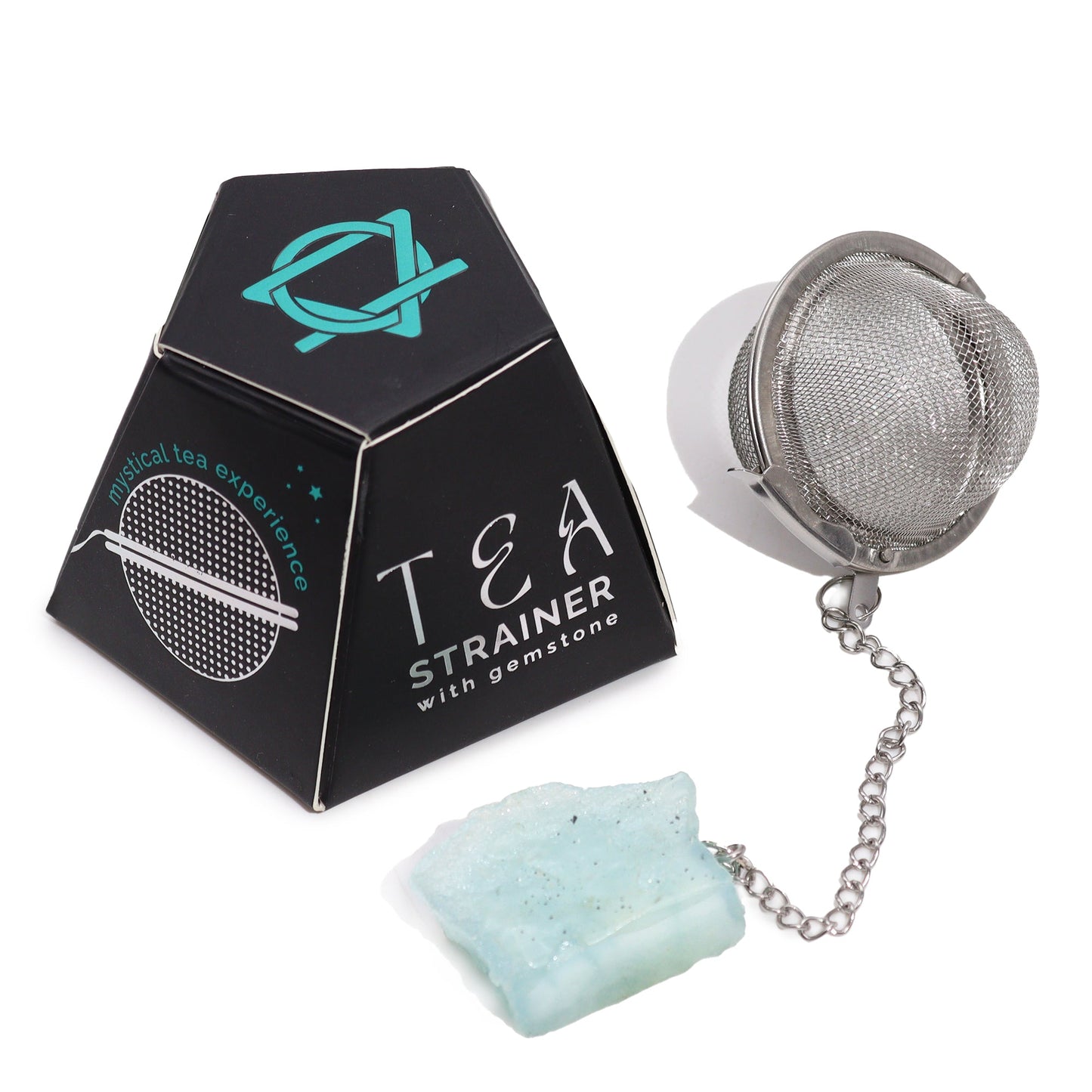 Raw Crystal Gemstone Tea Strainer with Aquamarine for MENTAL CLARITY product packaging on clean background from Quintessential Holistic Health Ltd
