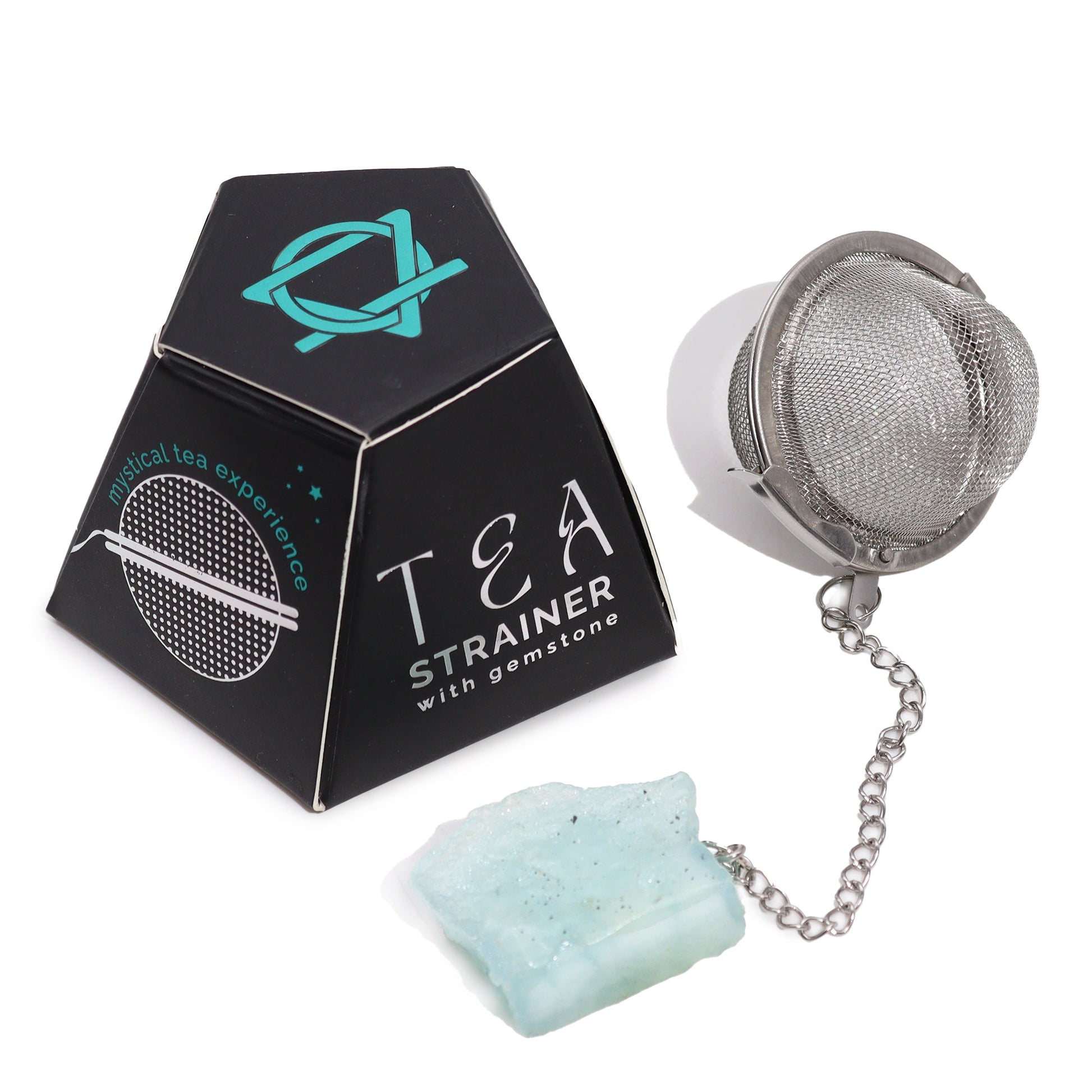 Raw Crystal Gemstone Tea Strainer with Aquamarine for MENTAL CLARITY product packaging on clean background from Quintessential Holistic Health Ltd