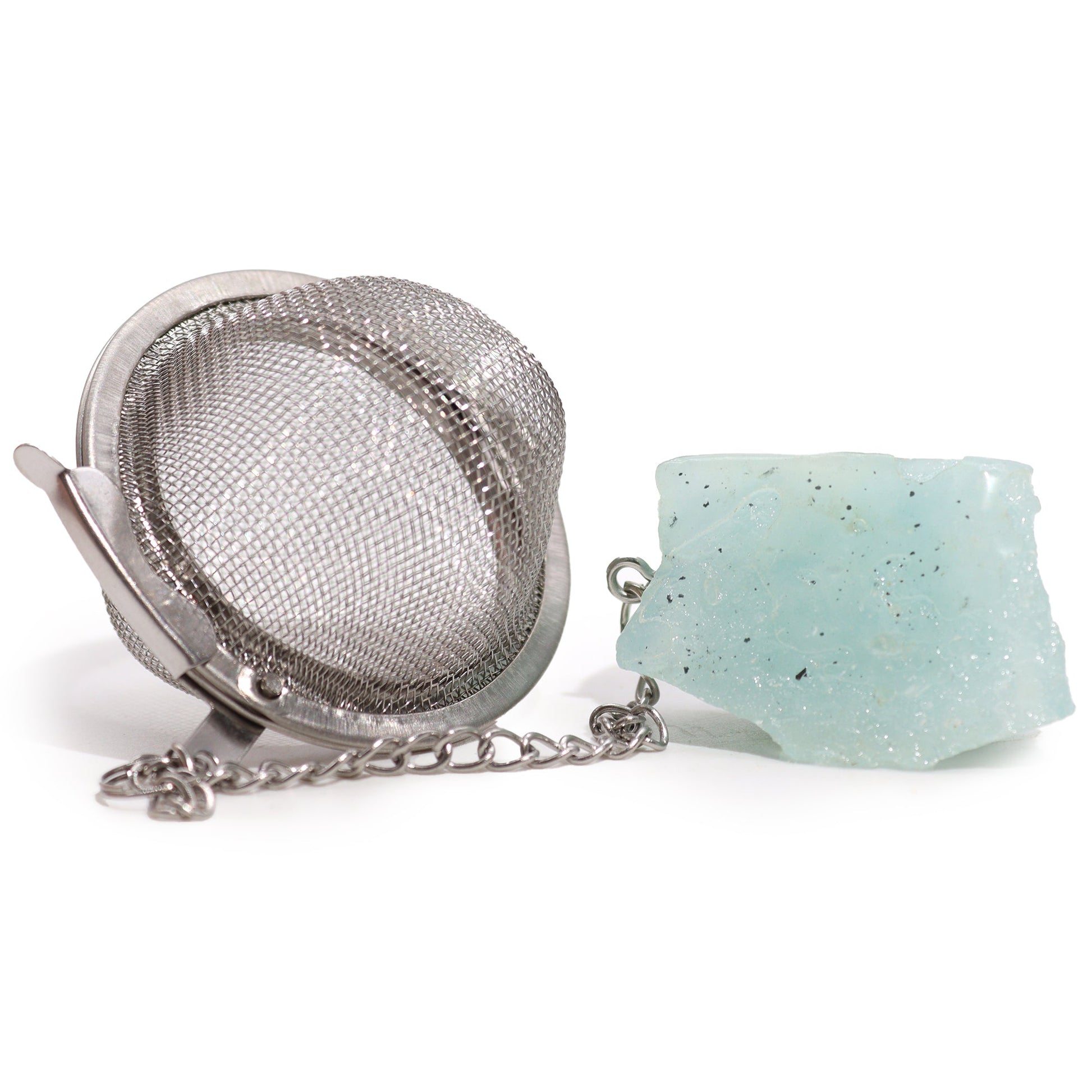 Raw Crystal Gemstone Tea Strainer with Aquamarine for MENTAL CLARITY product packaging on clean background from Quintessential Holistic Health Ltd