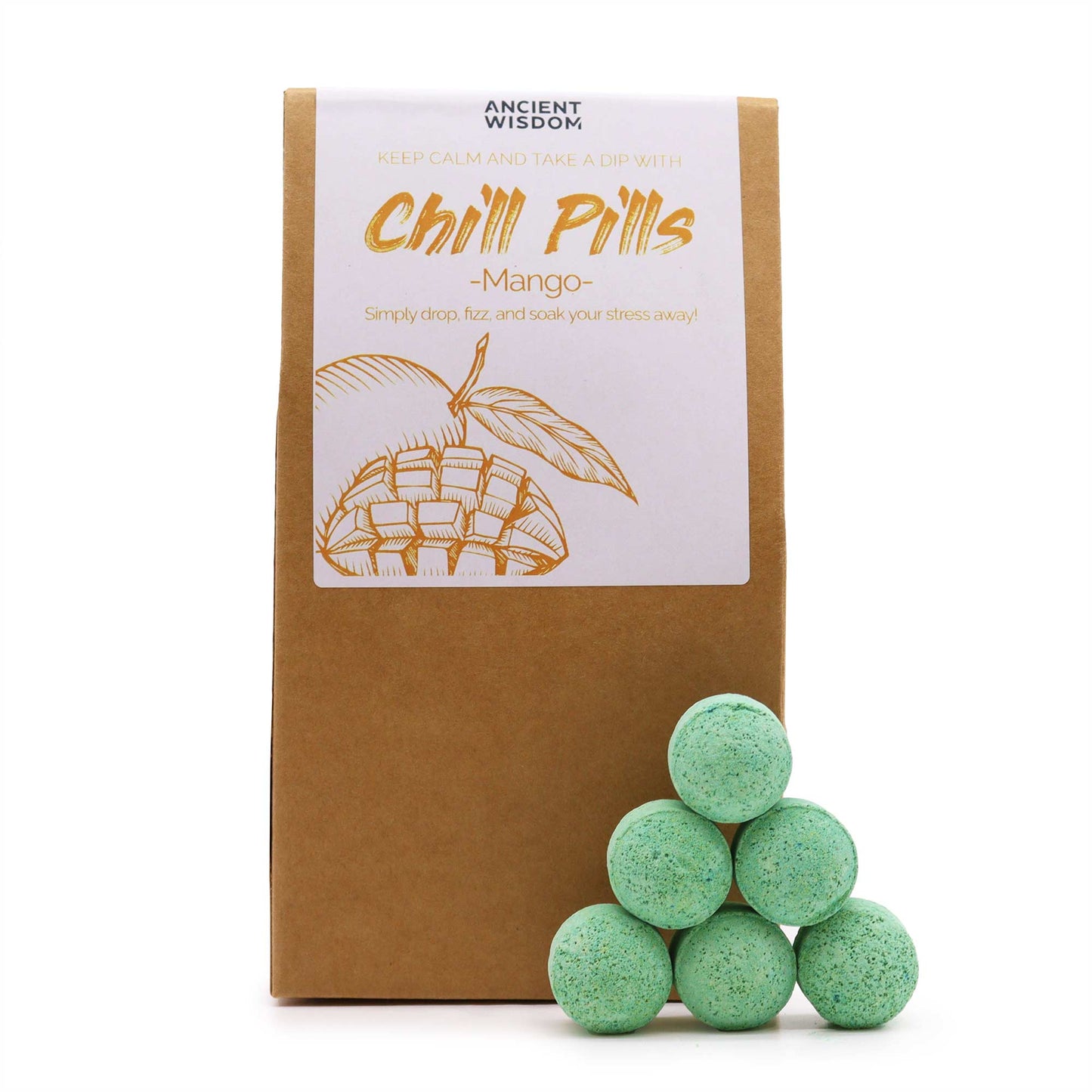 Vegan Bath Bomb Chill Pills Gift Pack - Mango - 350g, upright kraft box with a gold mango label and six mint-green tablets, by Quintessential Holistic Health Ltd