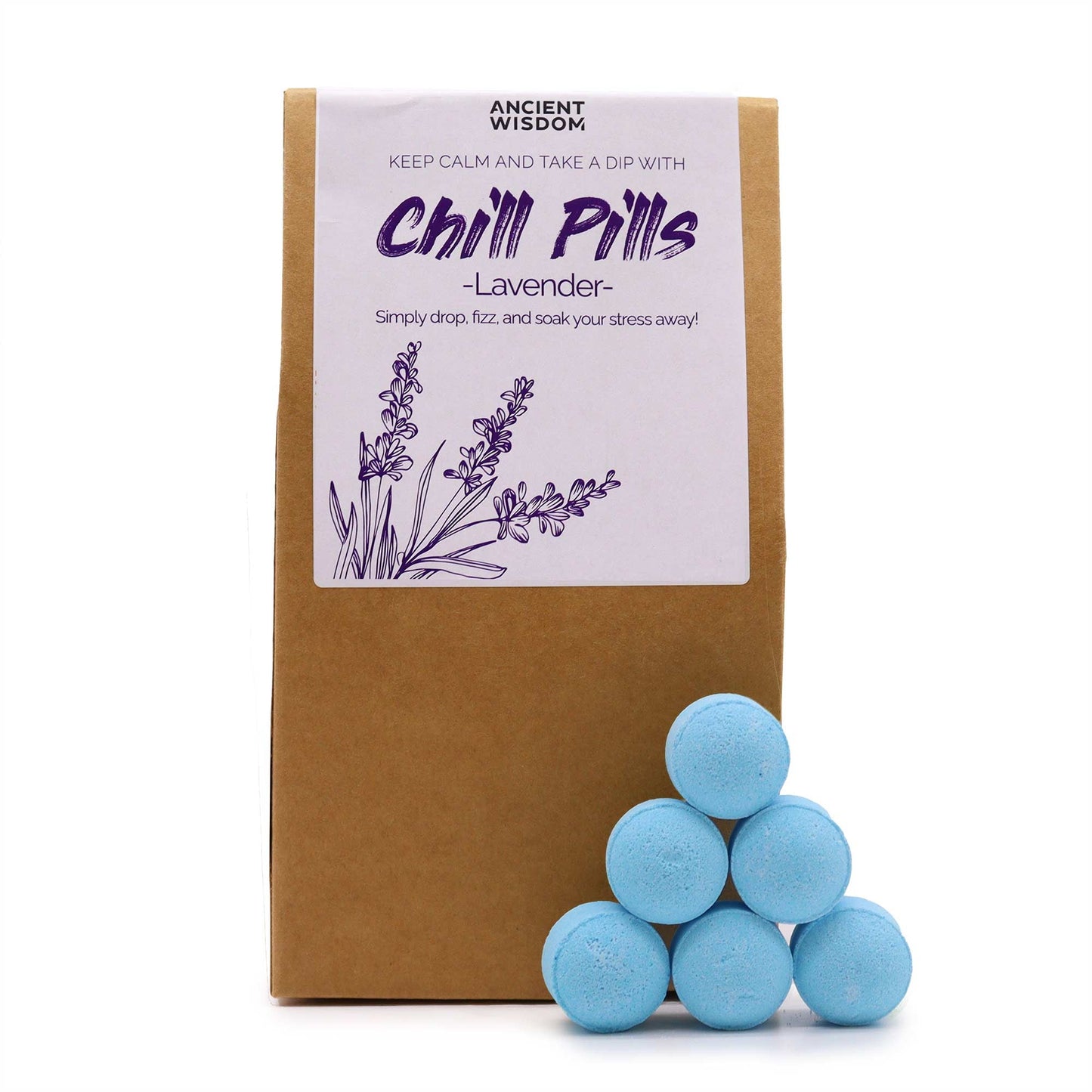 Vegan Bath Bomb Chill Pills Gift Pack - Lavender - 350g, upright kraft box with a purple lavender label and six pale blue tablets, by Quintessential Holistic Health Ltd