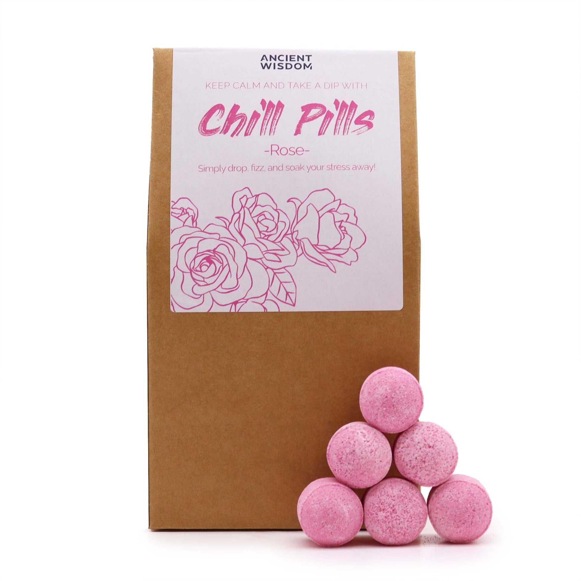 Vegan Bath Bomb Chill Pills Gift Pack - Rose - 350g, upright brown box beside six rose-pink balls by Quintessential Holistic Health Ltd
