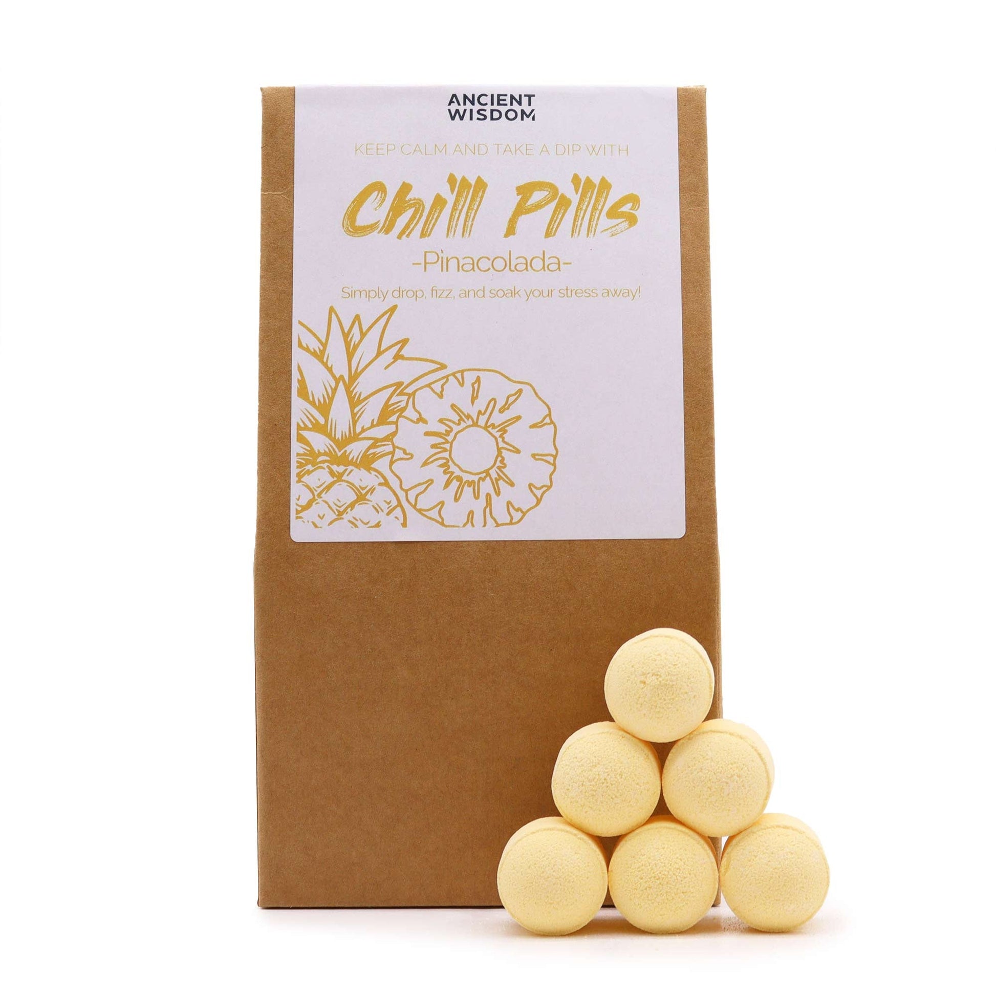 350g Handmade Vegan-Friendly Bath Bomb Chill Pills Gift Pack - Pina Colada product packaging on clean background from Quintessential Holistic Health Ltd