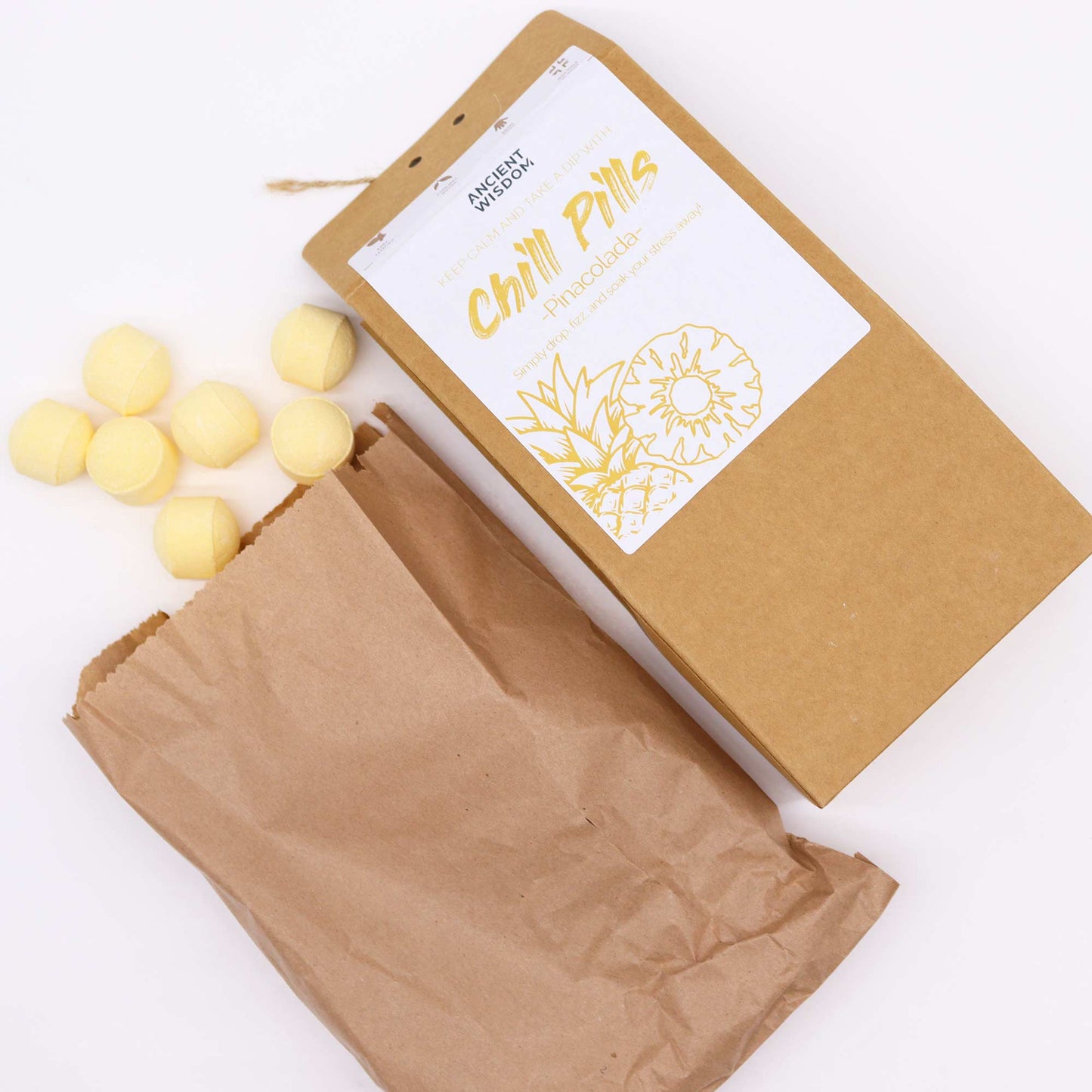 350g Handmade Vegan-Friendly Bath Bomb Chill Pills Gift Pack - Pina Colada product packaging on clean background from Quintessential Holistic Health Ltd