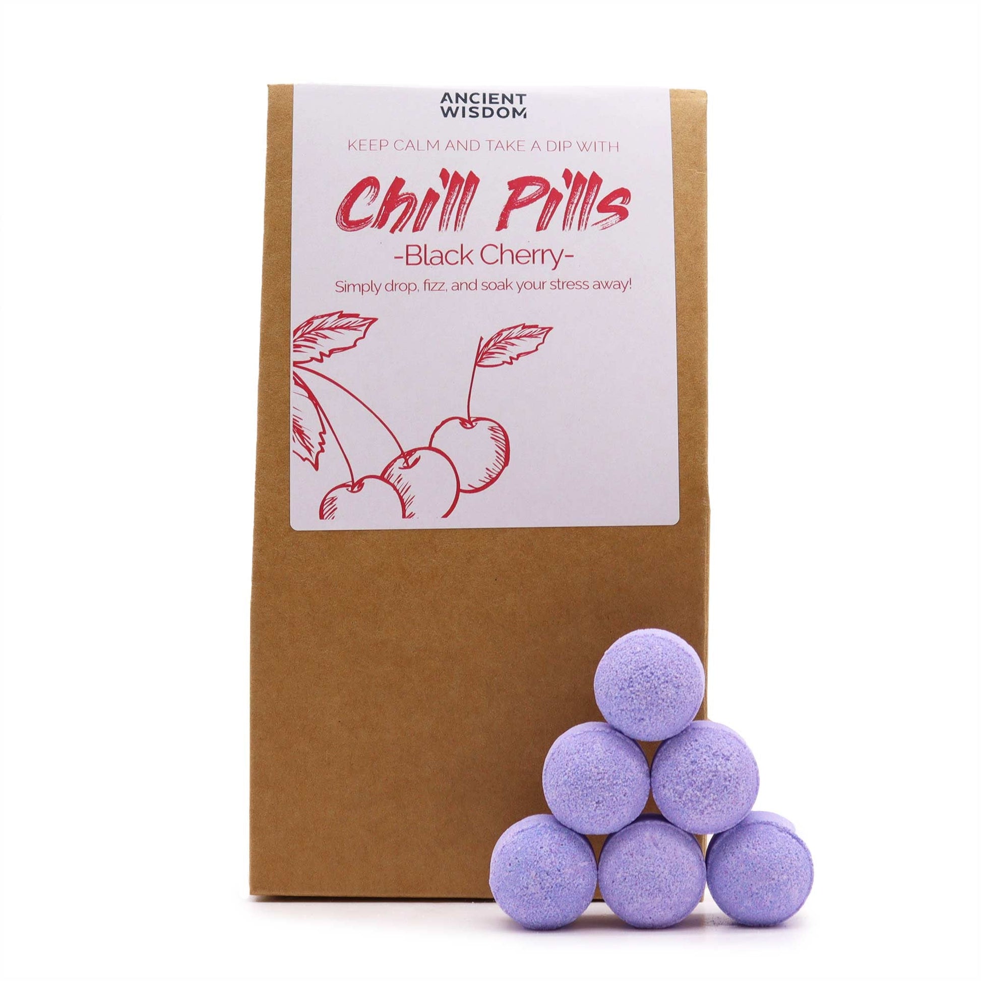 Vegan Bath Bomb Chill Pills Gift Pack - Black Cherry - 350g, upright kraft box with a red cherry label and six purple tablets, by Quintessential Holistic Health Ltd