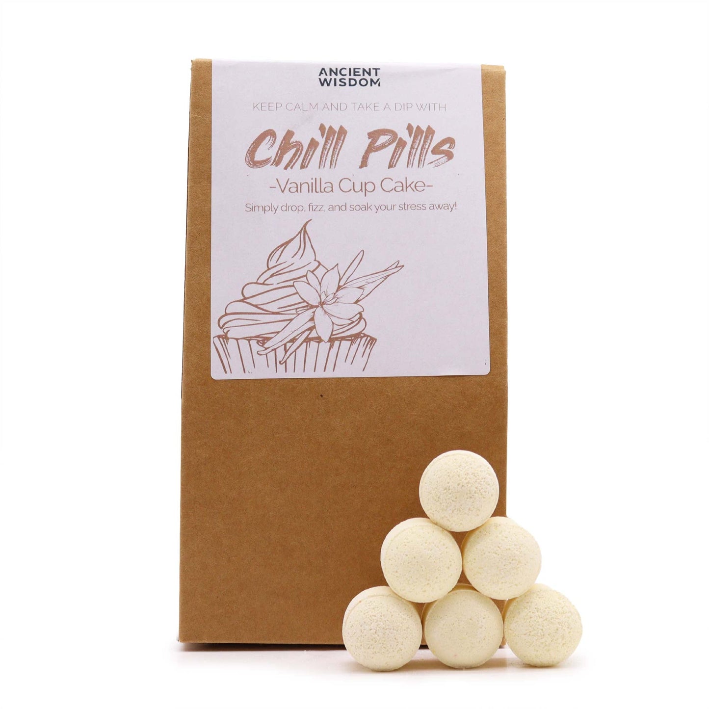 Bath Bomb Chill Pills Gift Pack - Vanilla Cup Cake - 350g, upright brown box beside six cream balls by Quintessential Holistic Health Ltd