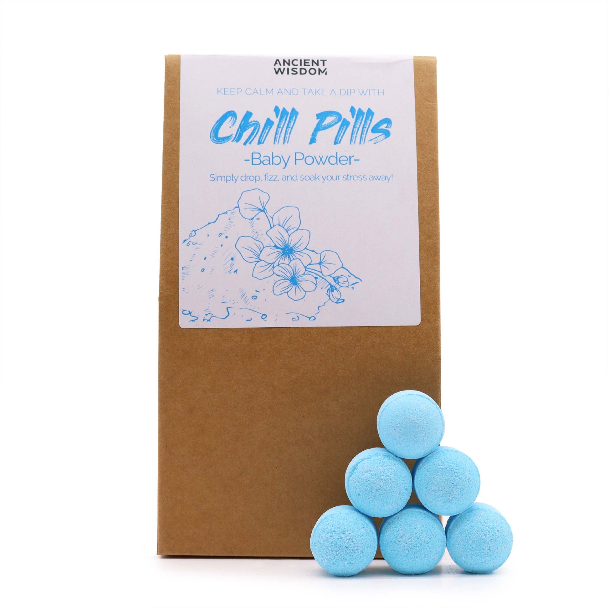 350g Handmade Vegan-Friendly Bath Bomb Chill Pills Gift Pack - Baby Powder product packaging on clean background from Quintessential Holistic Health Ltd