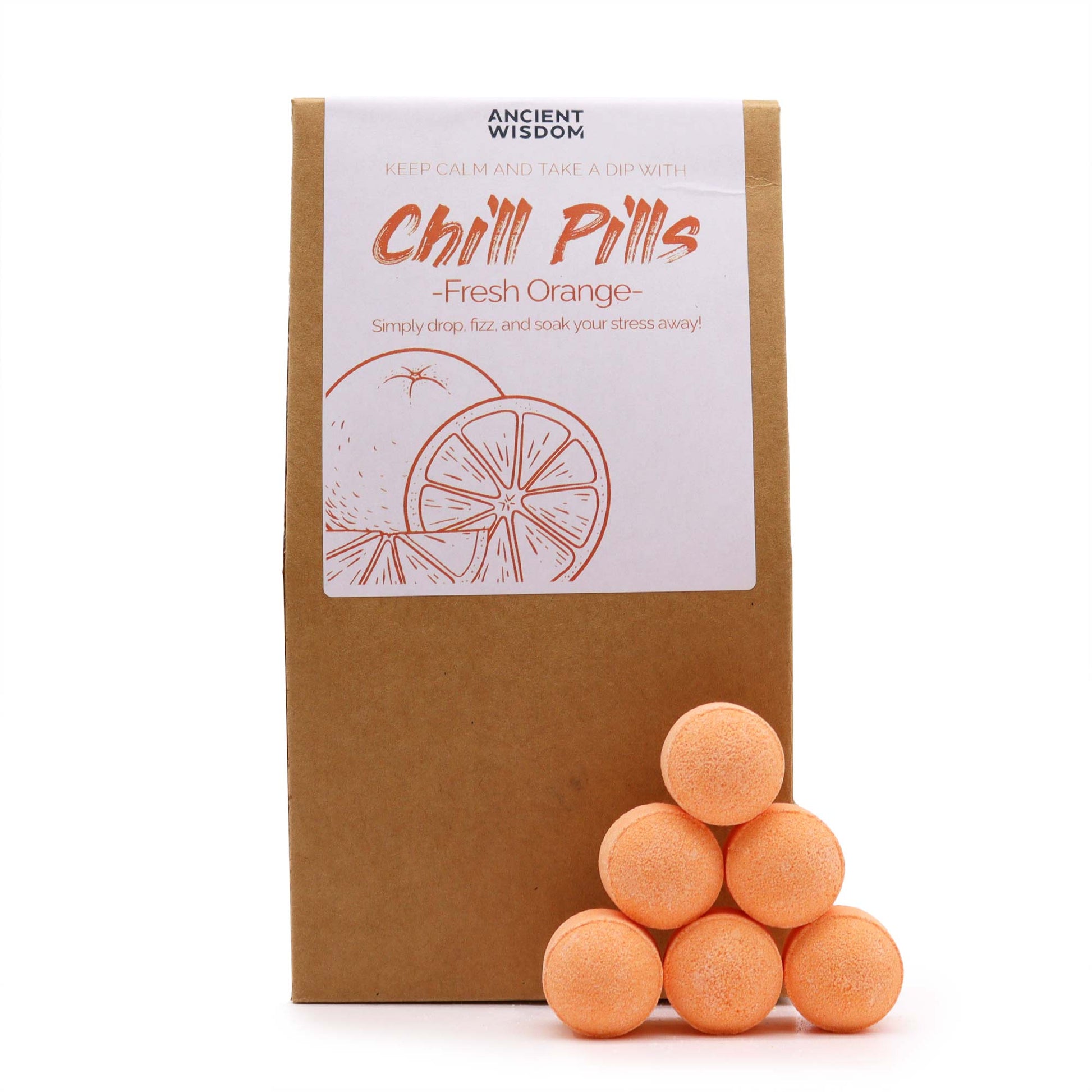 350g Handmade Vegan-Friendly Bath Bomb Chill Pills Gift Pack - Fresh Orange product packaging on clean background from Quintessential Holistic Health Ltd